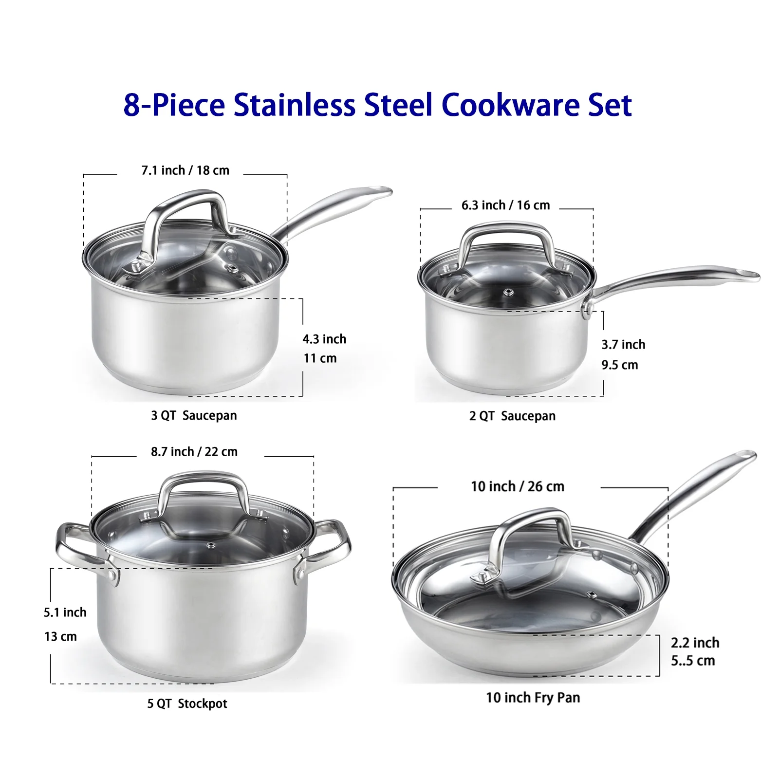 Cook N Home Pots and Pans Stainless Steel, 8 - Piece Induction Pot Kitchen Cookware Set, Silver, Oven Safe