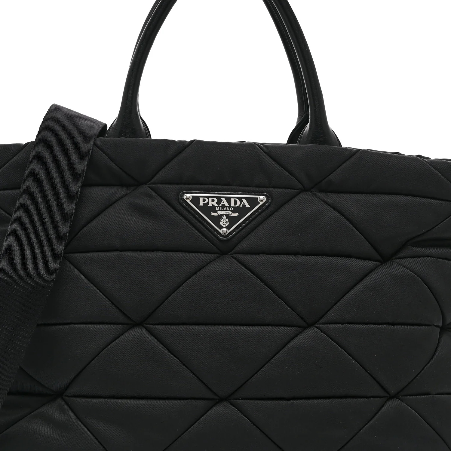 Re-Nylon Nappa Triangle Quilted Padded Medium Double Handled Zip Tote Black