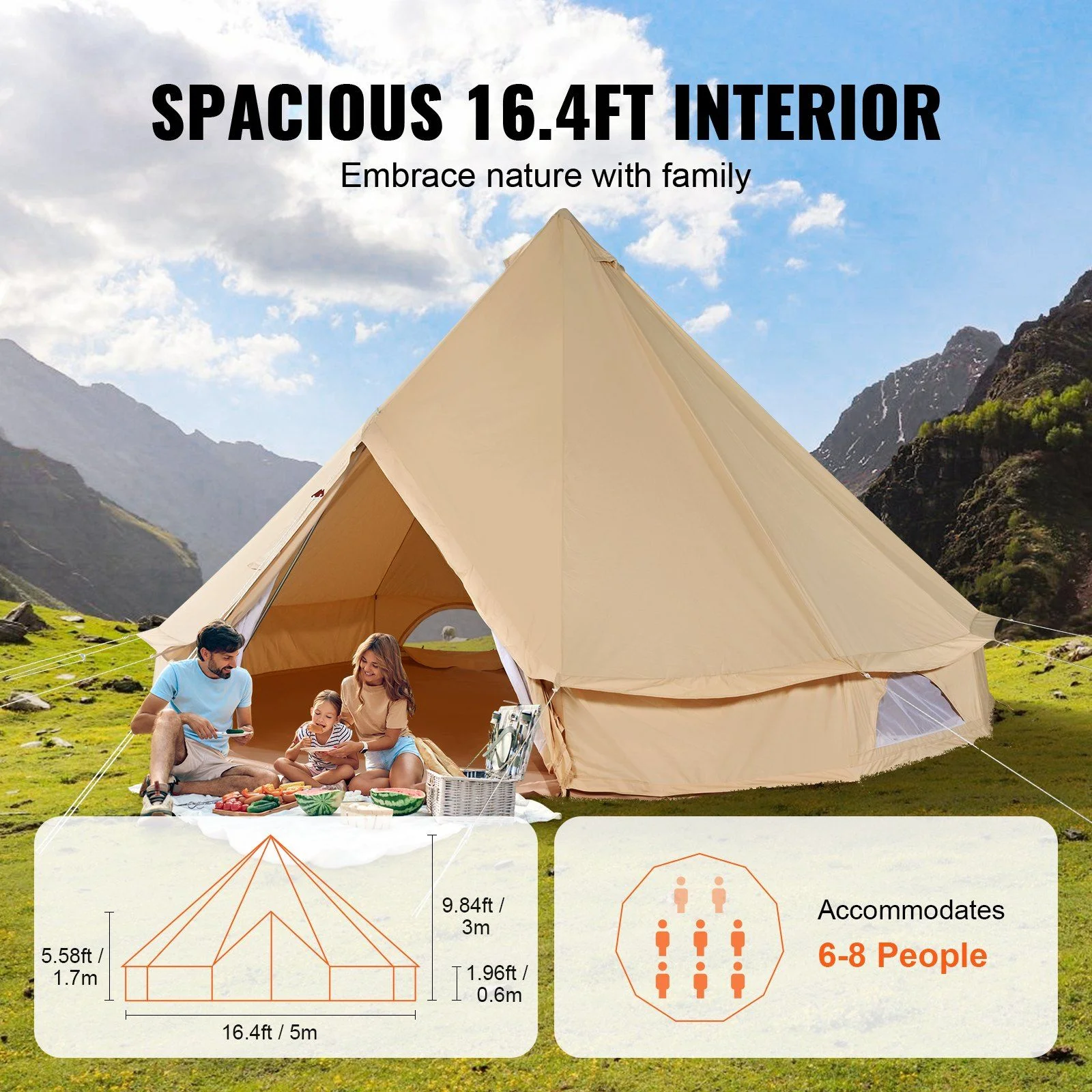 8-10 Person Glamping Bell Tent Waterproof Yurt Tent with Stove Jack Detachable Side Wall Spacious 16'x16' for Family Camping Durable Easy Setup for All Seasons - Image 4