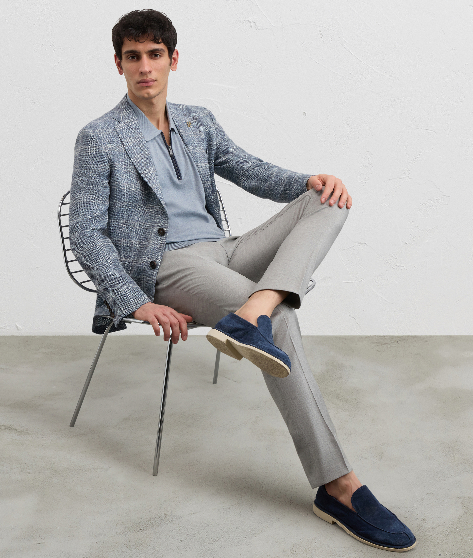LIGHT BLUE COTTON SHORT SLEEVED POLO SHIRT WITH SUEDE DETAILS