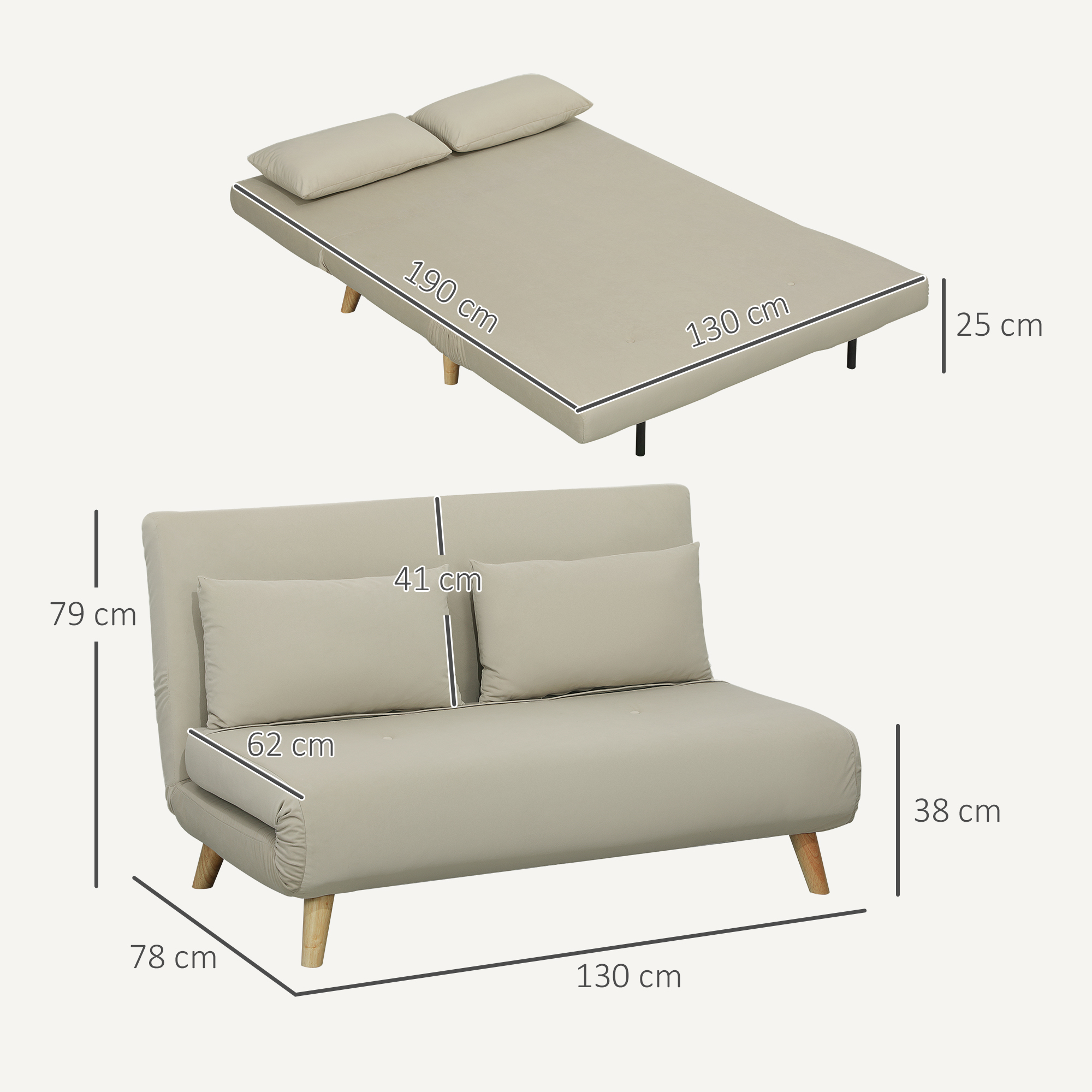 HOMCOM Slaapbank Relaxbank Sofa Couch, Incl. 2 Kussens, Fluweeloptiek, 130 x 78 x 79 cm, Beige