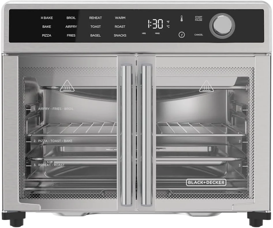 Four combiné friteuse à air chaud et grille-pain, four à convection de comptoir 12 en 1, cuit les aliments rapidement, peut contenir une pizza entière ou 6 tranches de pain grillé, portes françaises avec finition en acier inoxydable.