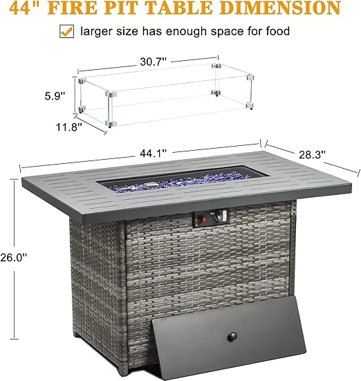 44" Propane Gas Fire Pit Table, 55000 BTU Rectangular Fire Pit with Glass Wind Guard for Outside Patio Deck Garden Backyard(Brown-Glass Top) - Image 10