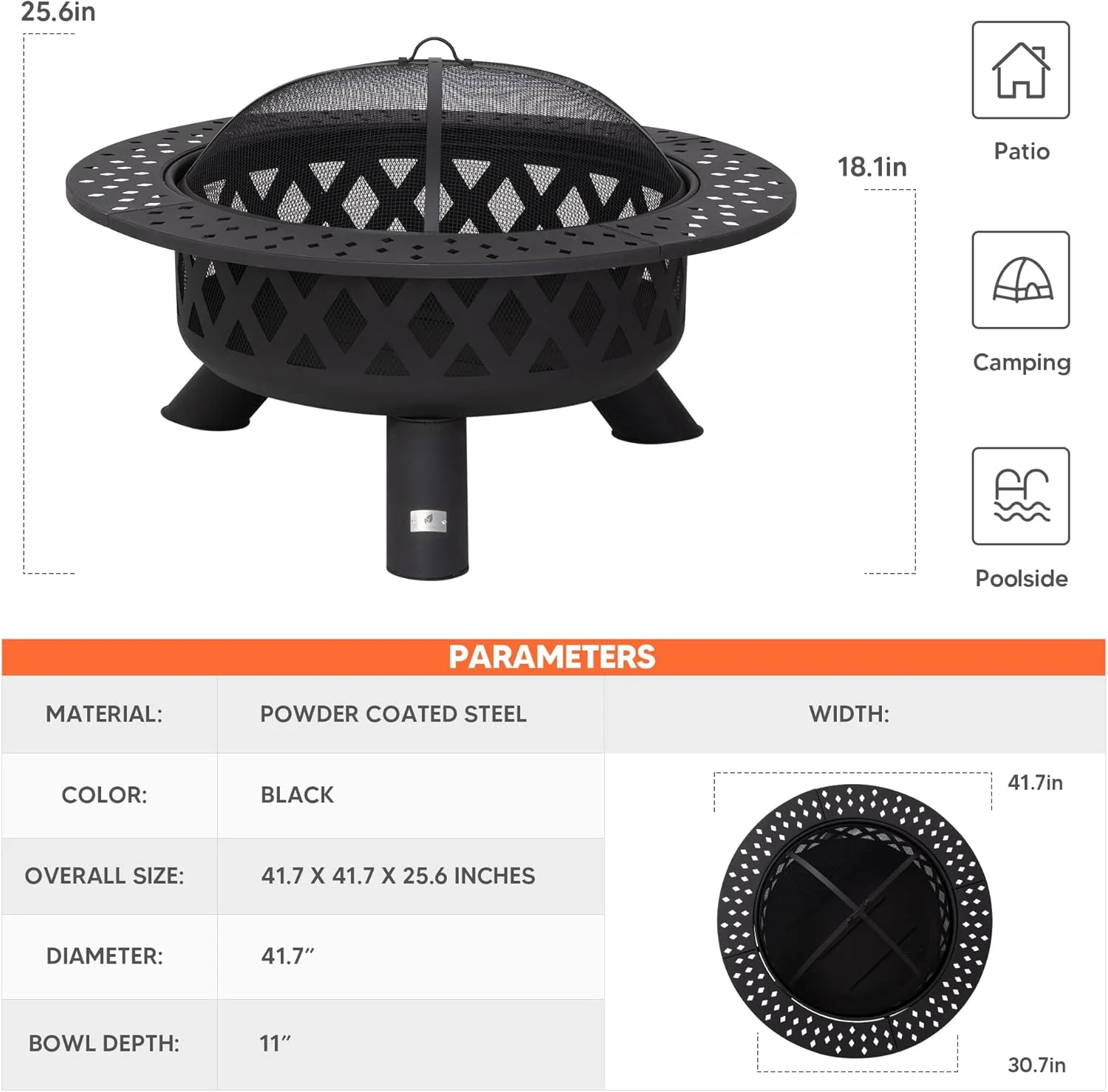 42" Large Outside Fire Pit, Round Fire Pit Wood Burning with Widened Tabletop, Spark Screen, Fire Poker, Phombus Pattern(42' Phombus Pattern) - Image 7
