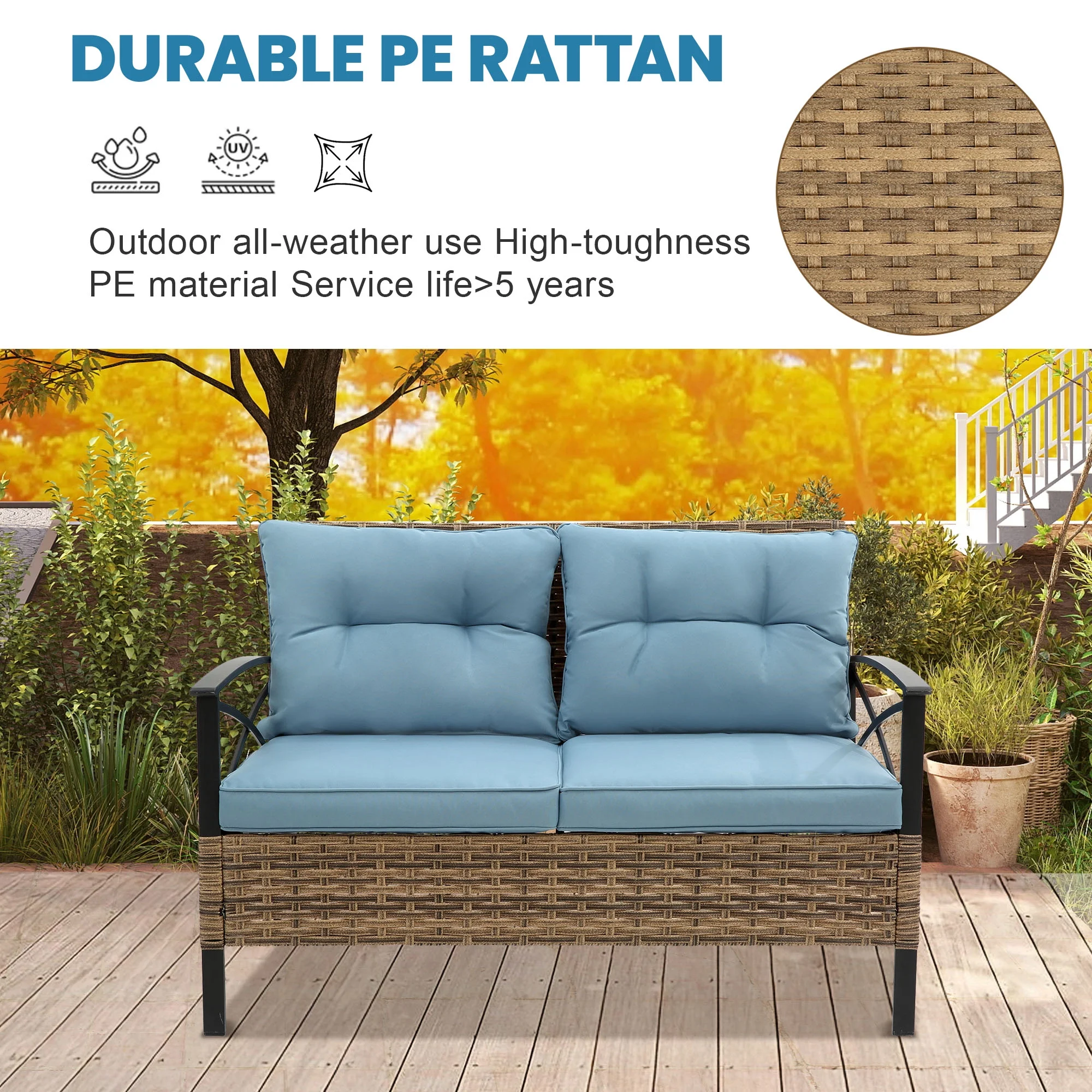 Heavy-duty Patio Furniture Set, 4 Piece Outdoor Sectional Conversation Sets, BrownPE Rattan Patio Sofa Set with Blue Cushions(Luxury-Blue) - Image 2