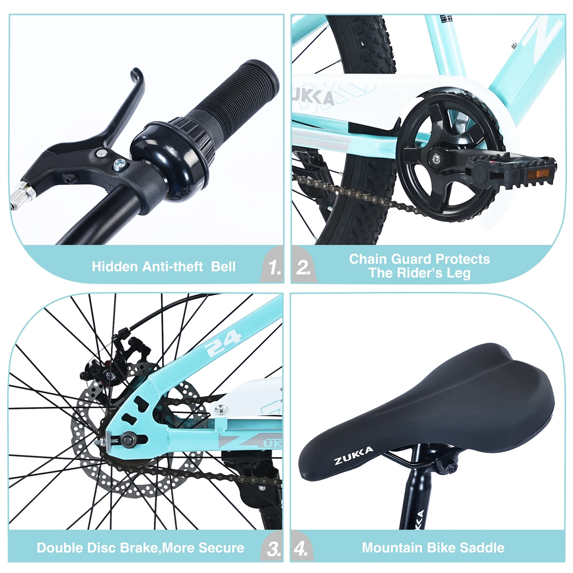 24 Inch Mountain Bike, Kids Mountain Bicycle with Front Suspension Fork and Double Disc Brake, Steel Frame Kids MTB Bike for Boys and Girls Age 9-12 Years, Cyan(Cyan) - Image 5