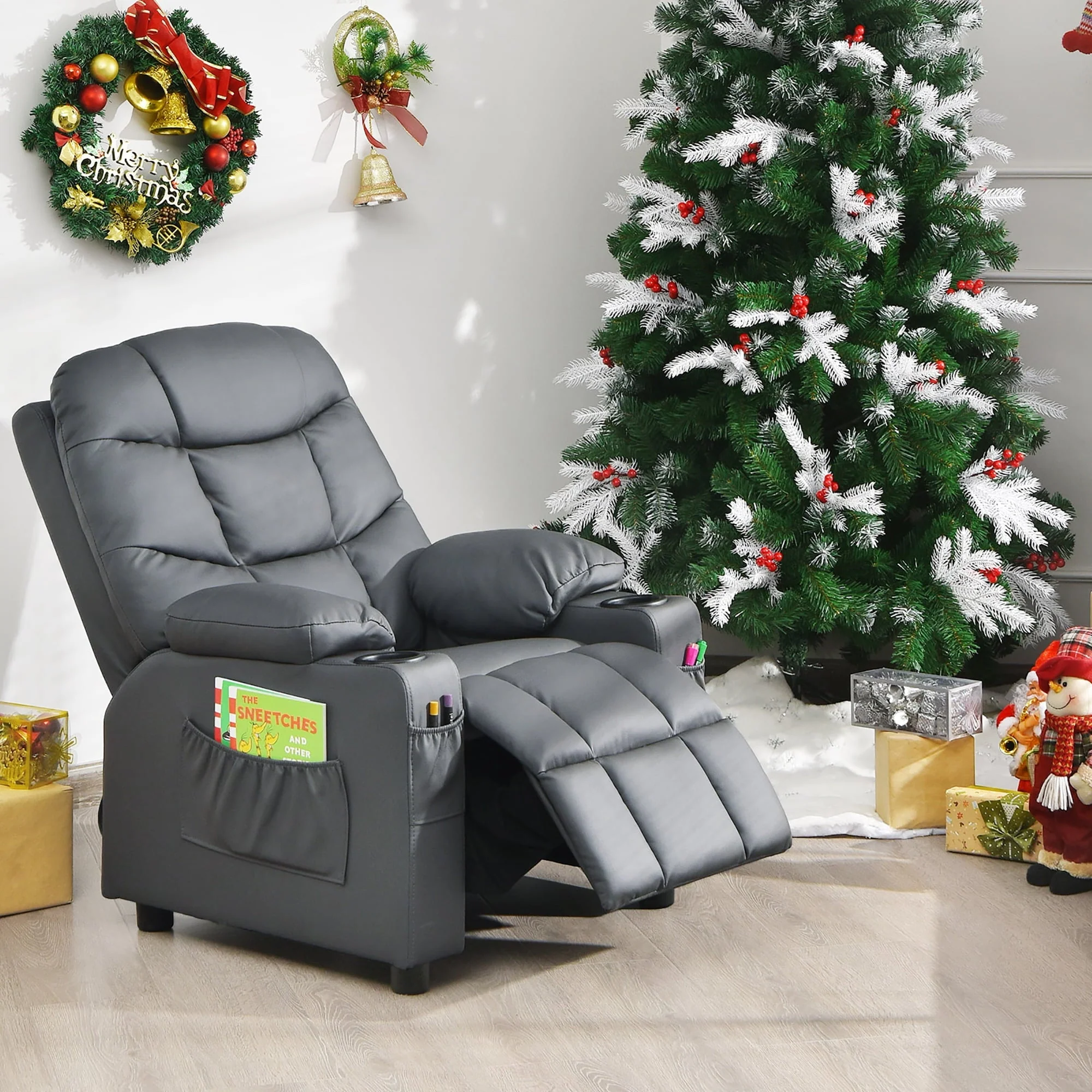 Kids Youth Recliner Chair PU Leather w/Cup Holders Side Pockets Grey(Beige) - Image 3
