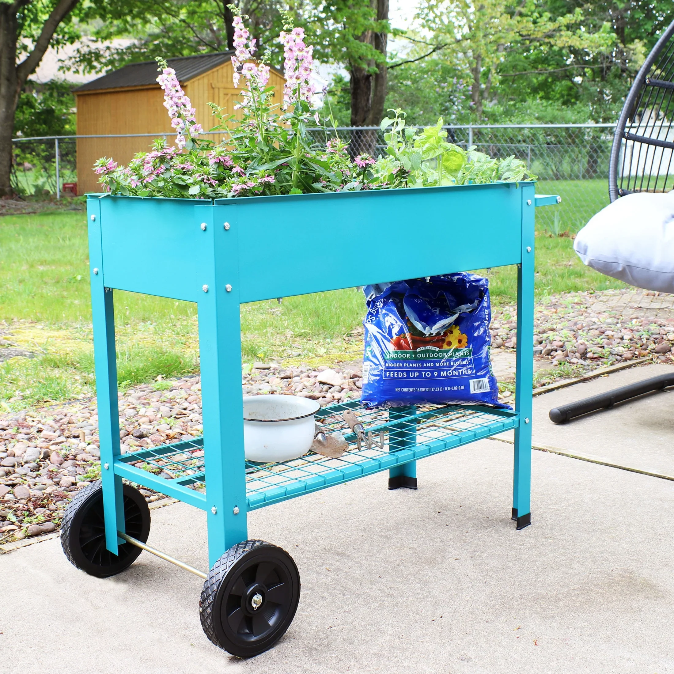 Sunnydaze 43.5 x 20.75 x 31.75 Blue Galvanized Steel Raised Garden Bed Cart with Wheels