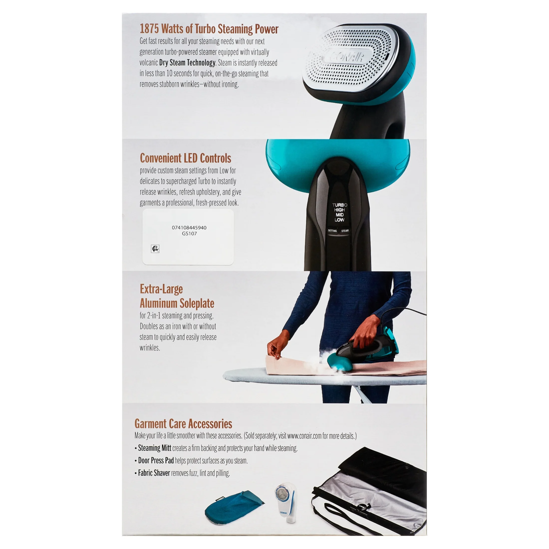 Turbo ExtremeSteam 1875 Watt Handheld Fabric, 2-in-1 Steam and Iron Garment Steamer, One Size, Black/Green GS107 - Image 8
