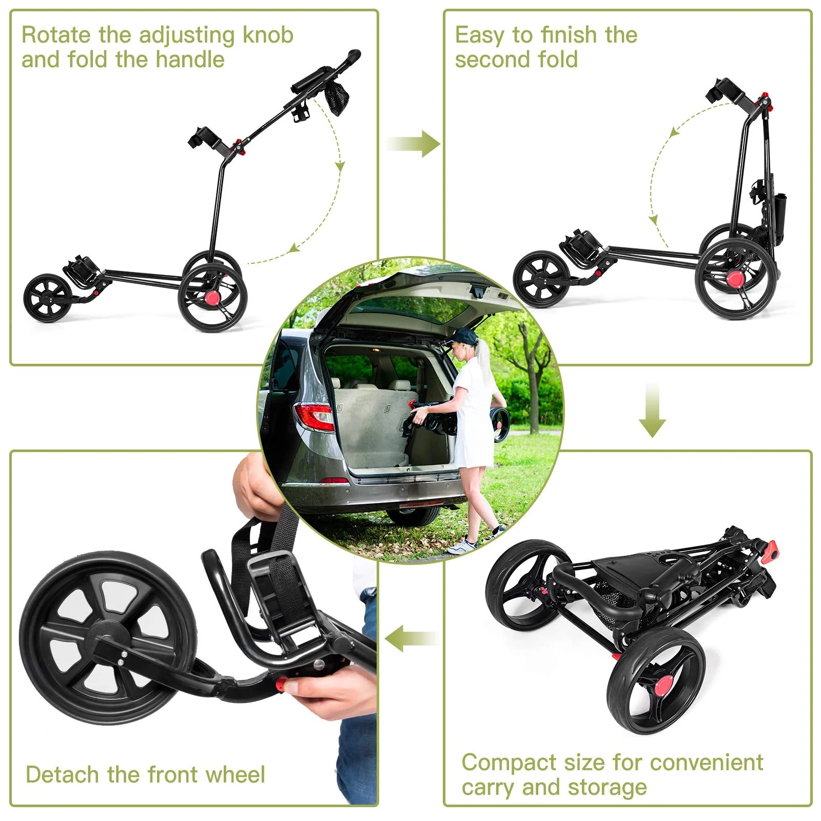 Tangkula Golf Push Cart, Lightweight Collapsible Golf Pull Cart, 3 Wheels Golf Trolley with Foot Brake Umbrella Holder & Cup Holder