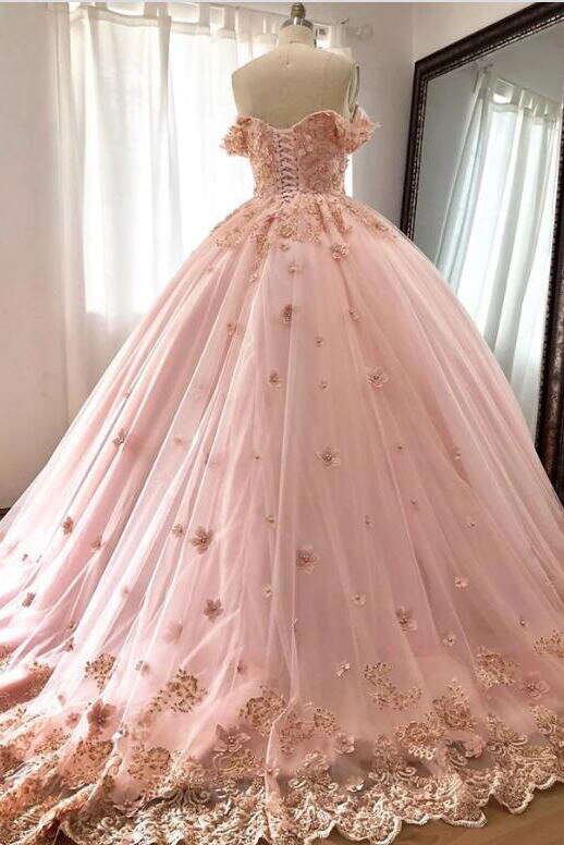 Pink Quince Dresses Ball Gowns Off the Shoulder Lace Applliques Wedding Dresses DMP078