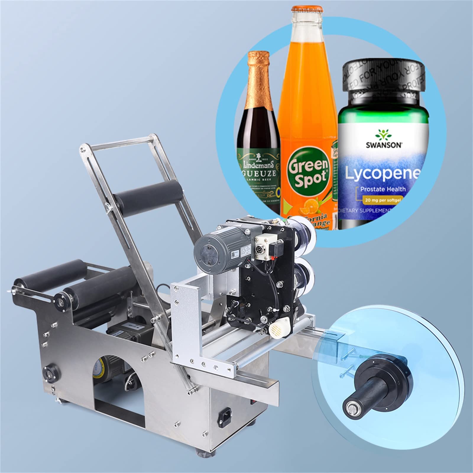 Semi-Automatic Round Bottle Labeling and Coding Machine, 20-40 Bottles/Min, for Cosmetics, Food, Beverage, All-in-One Date/Batch Printing with Intelligent Sensor, Overload Protection
