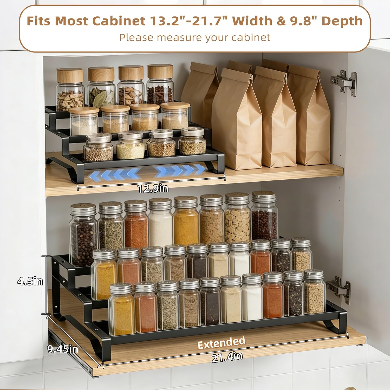 Expandable Spice Rack Organizer for Cabinet 3 Tier Spicy Shelf Black 1Pack