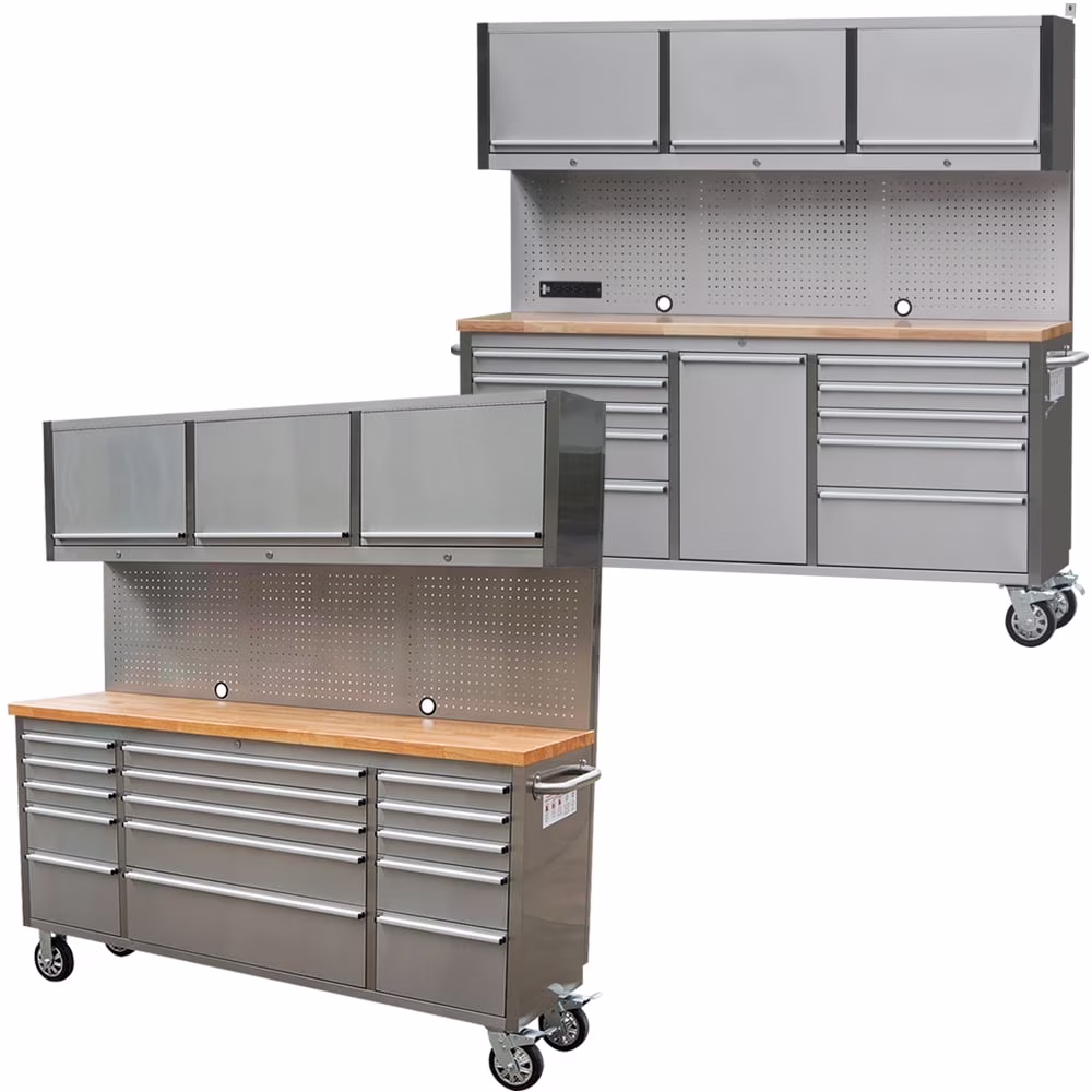 72 in 11 Drawers Tool Chest with 3 up Cabinet & Pegboard in Stainless Steel, Large Lockable Mobile Workbench with 6 Blue Storage Bins, Tool Box for Garage, Workshop (1 HTC7214W1+ 1 HTC7218W1)