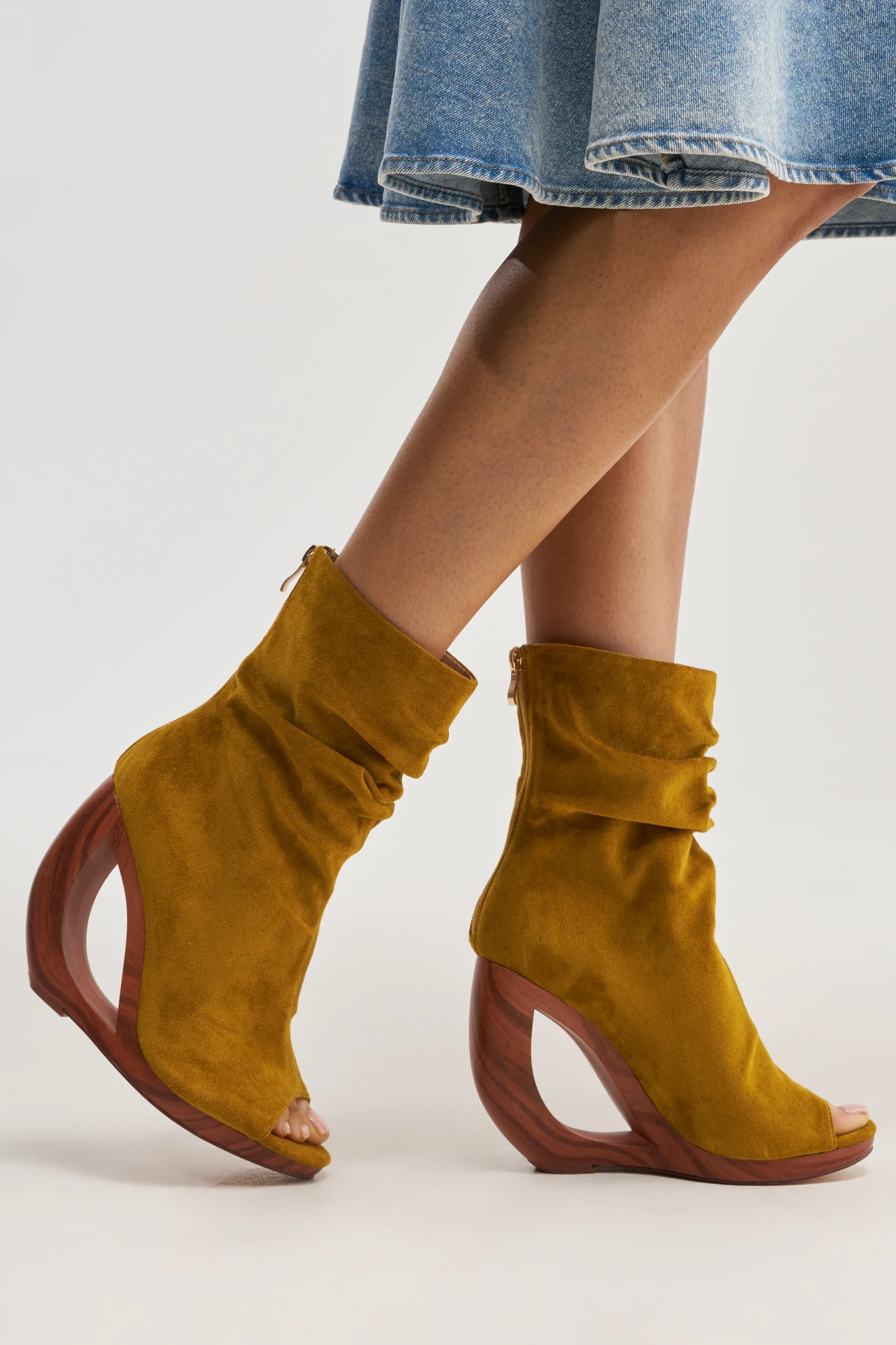 AZALEA WANG ARLO MUSTARD WEDGE OPEN TOE FAUX SUEDE BOOTIE - Akira Store