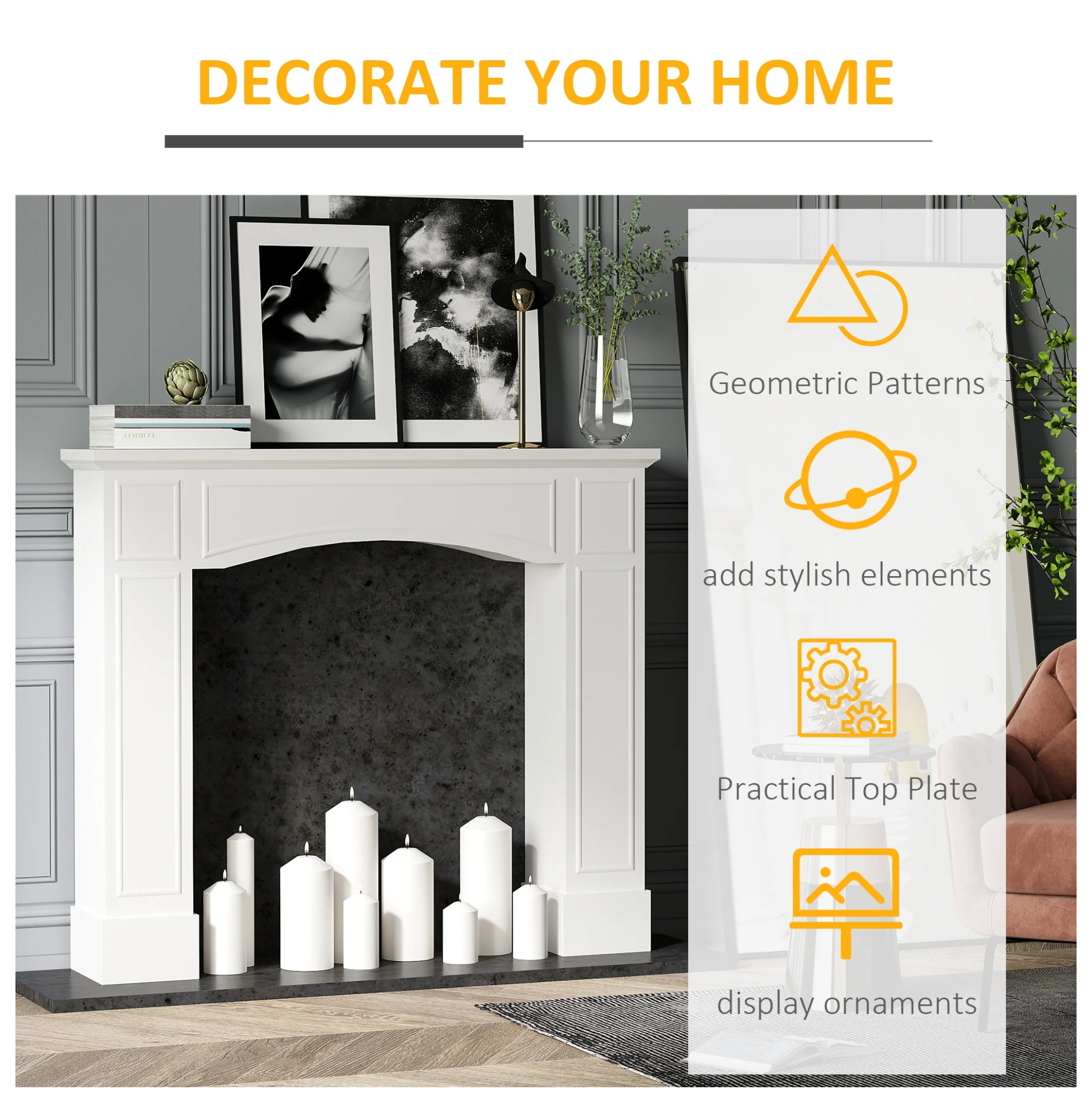 Modern Fireplace Mantel, Surround Mantels for Fireplace with Decorative Pattern Interior Width 29" White - Image 6