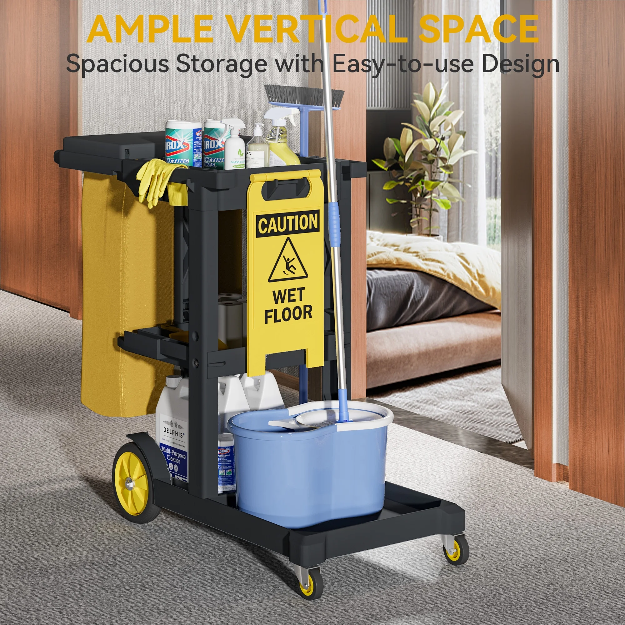 Commercial Janitorial Trolley Cleaning Cart, 25 Gallon Capacity with Cover, for Housekeeping Facility Maintenance, Black(Black) - Image 4
