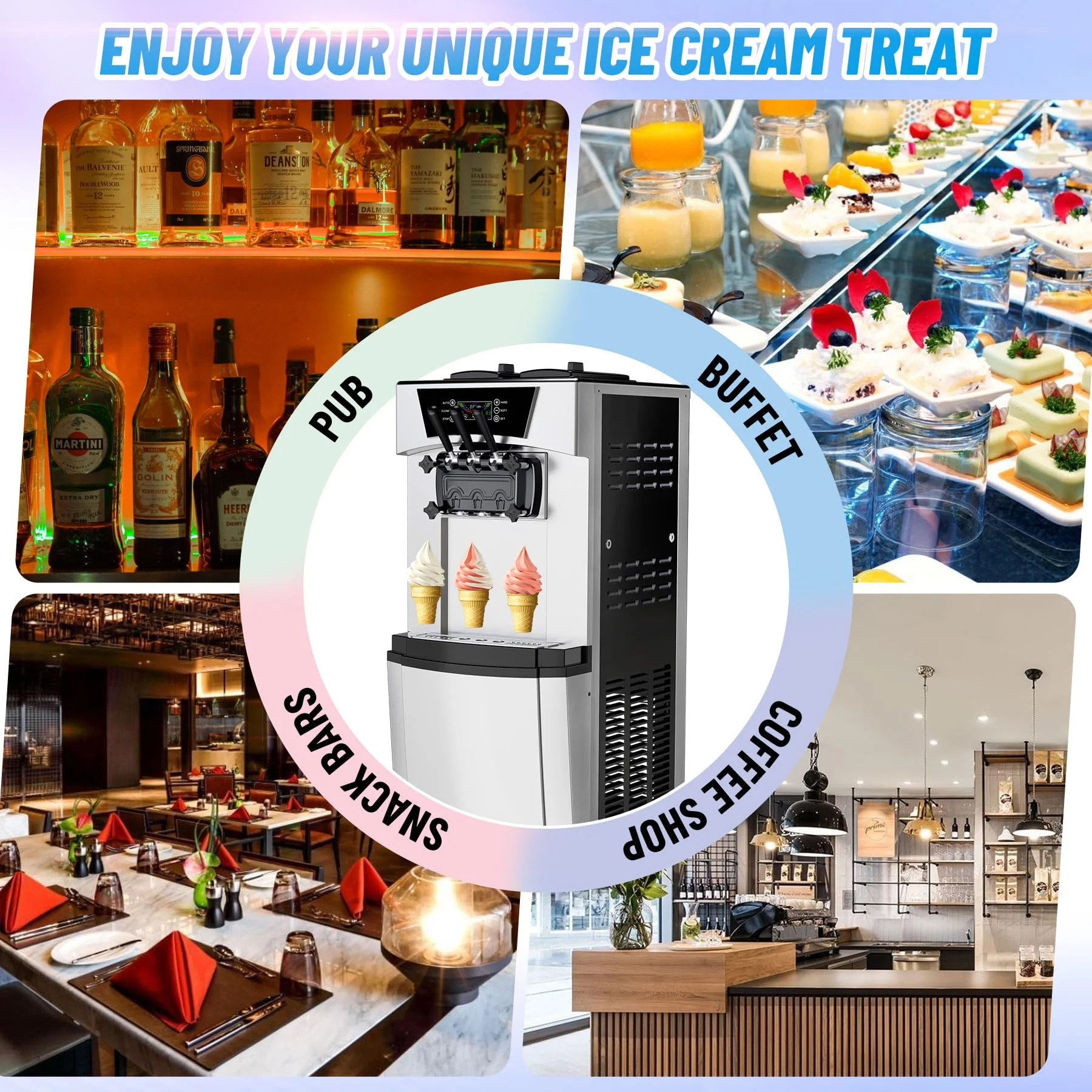 Commercial 3 Flavors Ice Cream Machine, 5.8 to 8Gal per Hour Soft Serve Ice Cream Maker,with Auto Clean, LCD Display for home Snack Bar Restaurants(Sliver) - Image 3