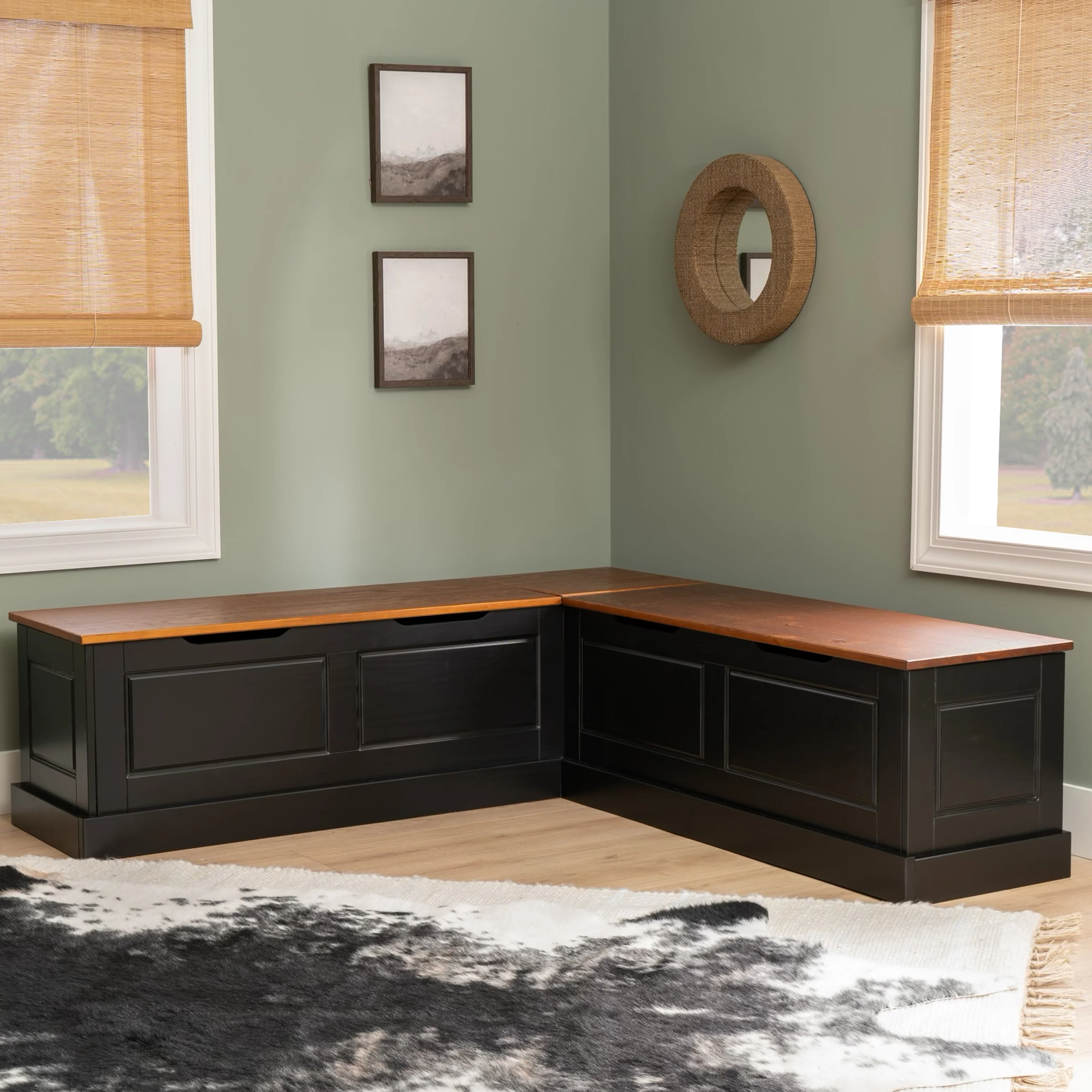 Linon Romero Casual Wood Corner Dining Breakfast Nook with Storage, Black/Walnut