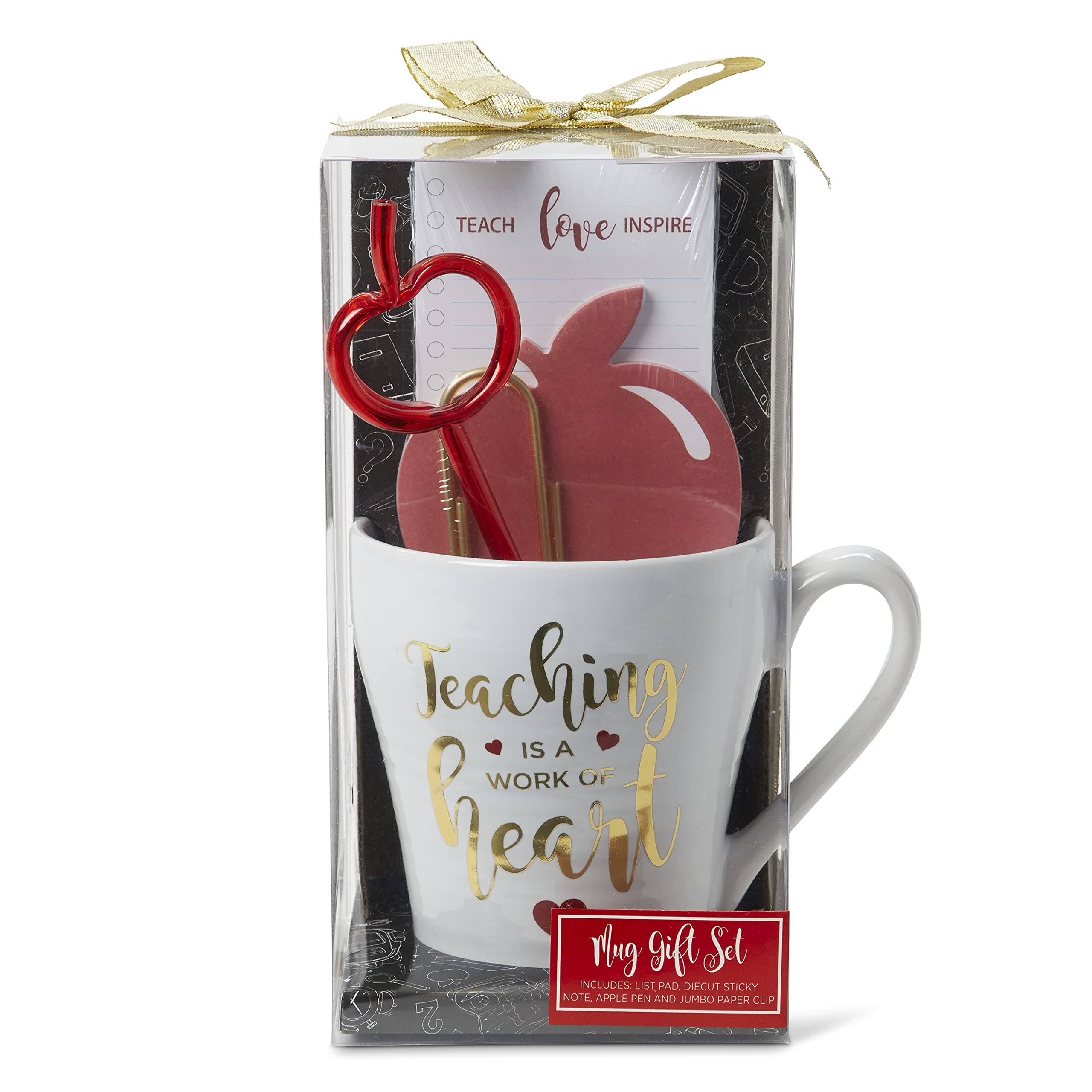 Teacher Appreciation Gift Sets: Thank You Gift Bundles with Coffee or Tea Novelty Mugs, Printed Tote Bags, Apple Sticky Notes, Writing Pads, Apple