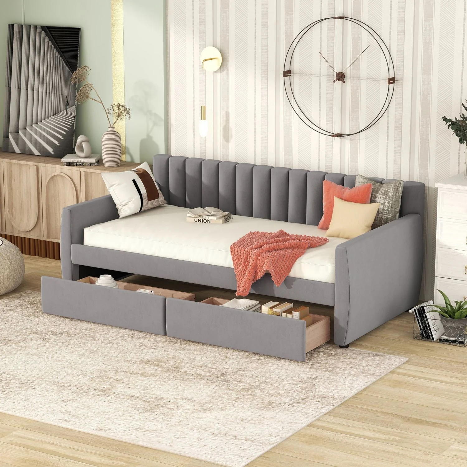 Twin Size Daybed with 2 Storage Drawers, Tufted Upholstered Sofa Bed Frame with and Wood Slat Support, Perfect for Bedroom, Gray