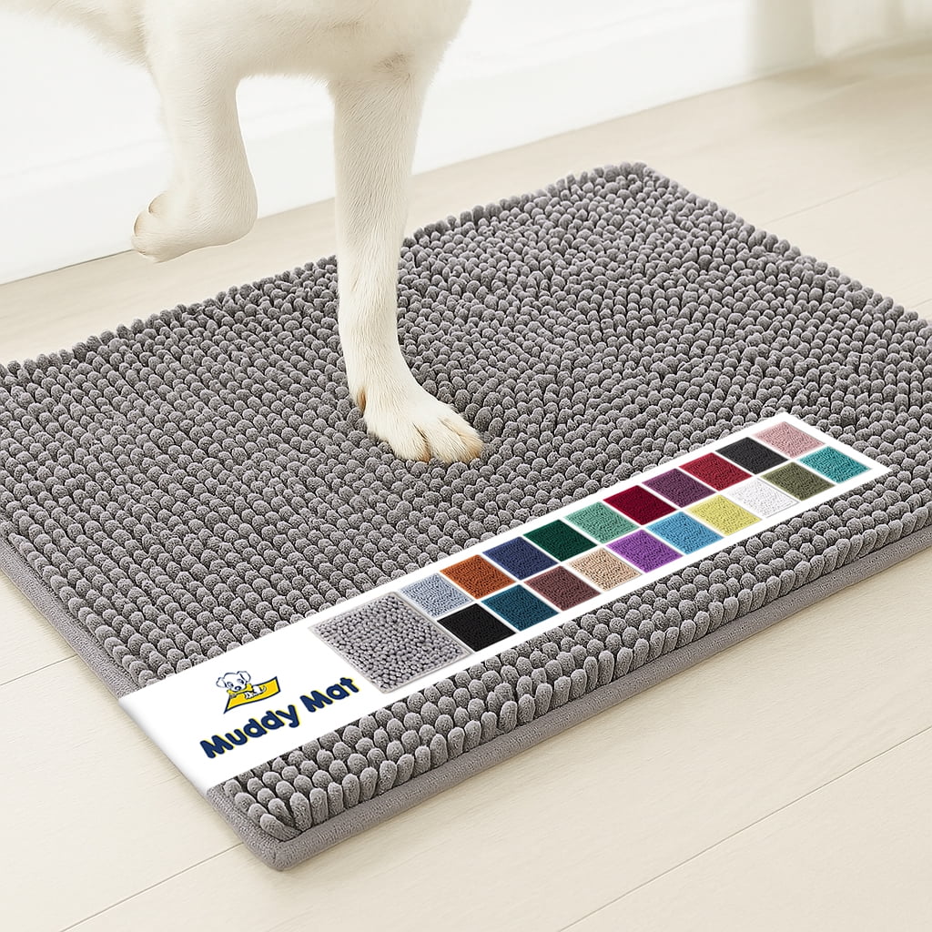 (4 Pack) Muddy Mat® SHOWN ON TV Highly Absorbent Microfiber Door Mat and Pet Rug Non Slip Thick Washable Area and Bath Mat Soft Chenille for Kitchen Bathroom Bedroom Indoor and Outdoor - Grey Medium 30"x19"