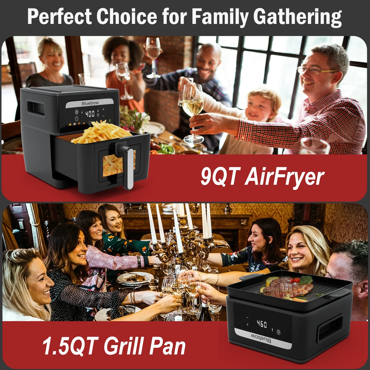 Bluebow 9QT Air Fryer & Grill Pan Combo, Large Capacity, 8 Preset Functions, Non Toxic, Non - Stick, View Window, Black