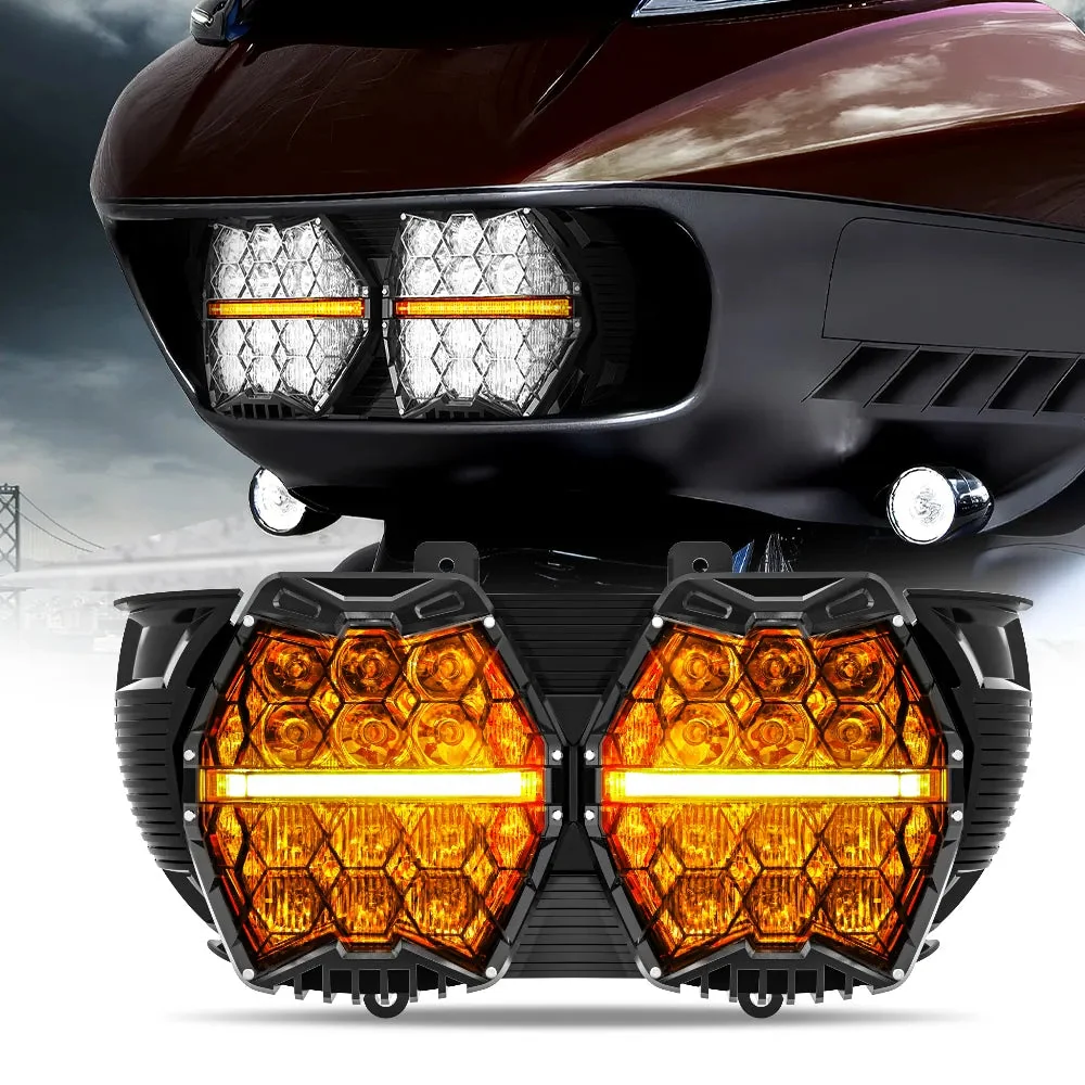 DOT Motorcycle LED Dual Headlight Assembly Amber DRL High/Low Beam Honeycomb for 2015-2023 Harley-Davidson Road Glide