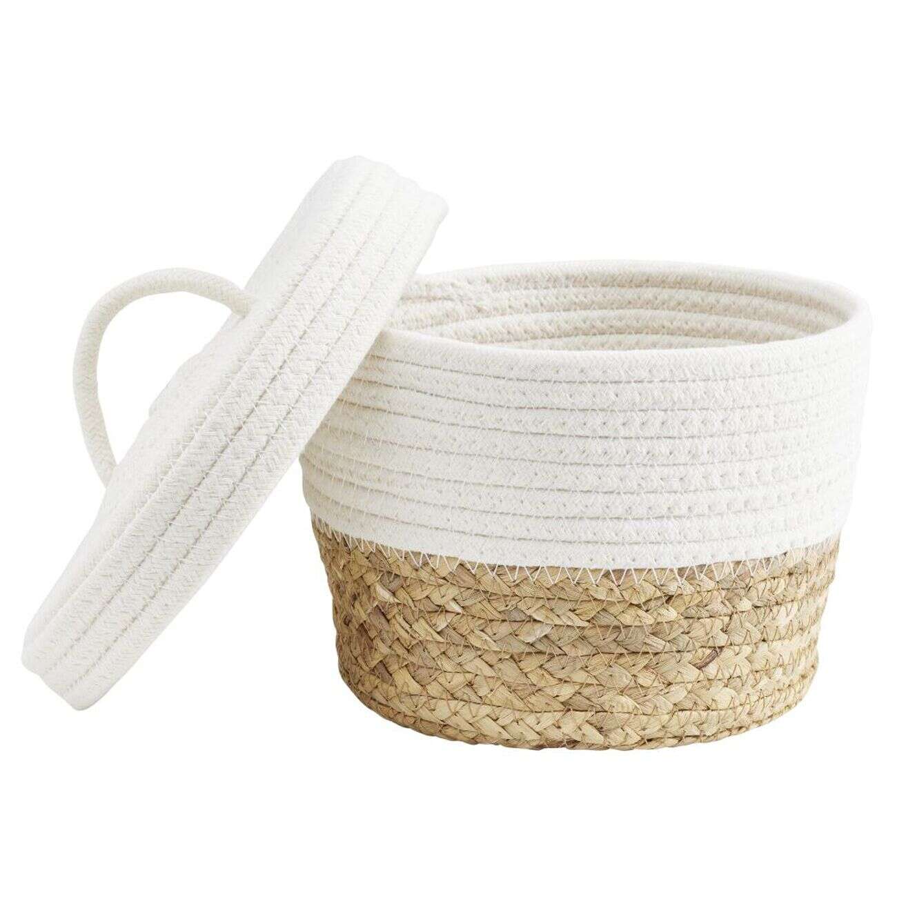Panière avec couvercle coton jute blanc et naturel petit modèle Ø22xH15cm