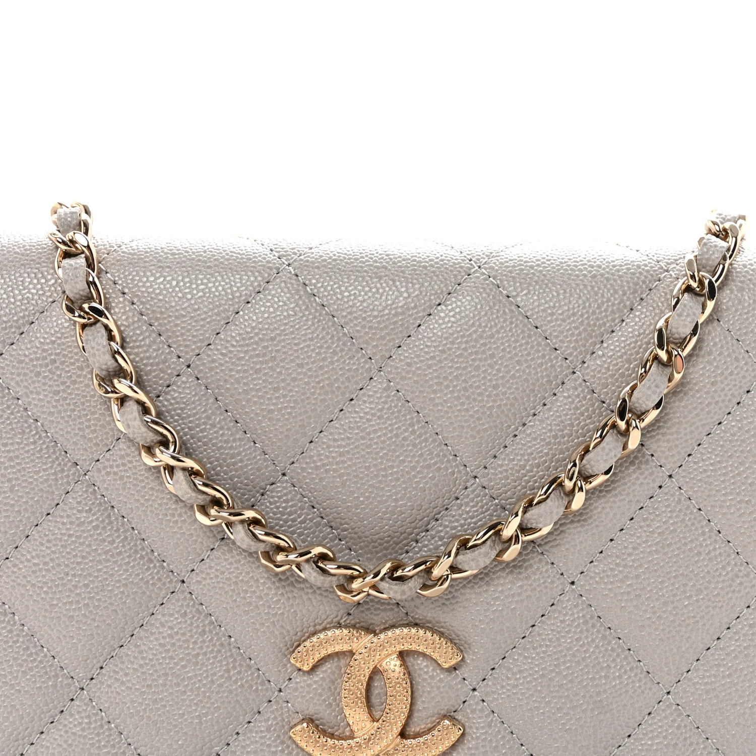Caviar Quilted Studded CC Wallet On Chain WOC Grey