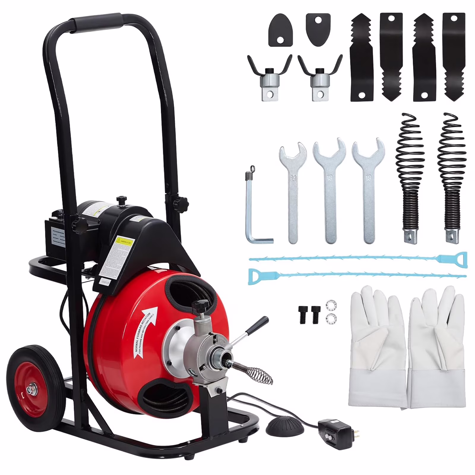 Telyswee Drain Cleaner Machine 100ft x 1/2inch Auto-feed Electric Drain Auger for 1in to 4in Pipes, w/ 8 Cutters & Air-activated Foot Switch, 250W/370W 1700RPM Drain Sewer Snake Drain Auger Cleaner