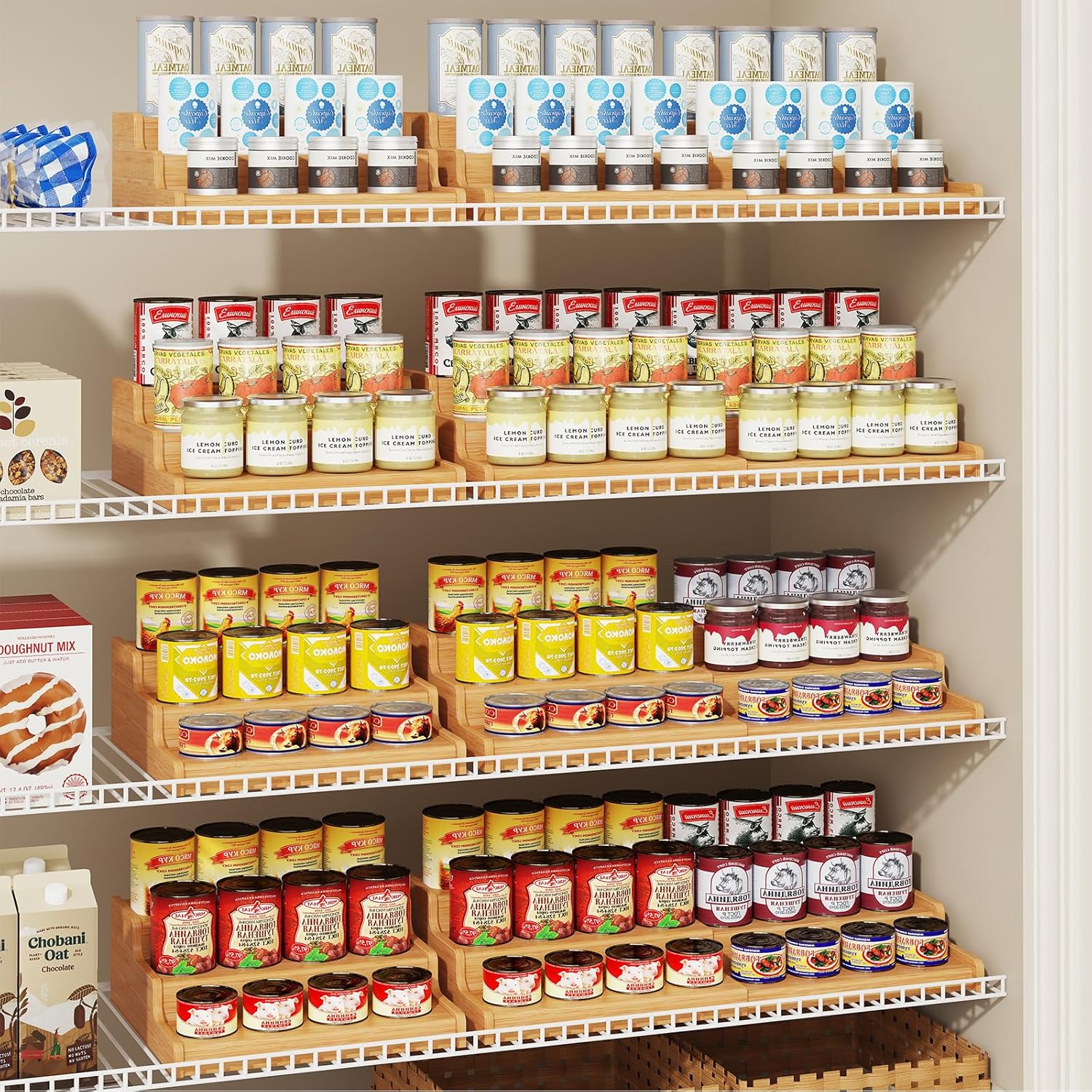Expandable Bamboo Can Rack Organizer for Pantry, 3-Tier Adjustable Can Storage Holder, Soda Organizer Holds Up to 24 Cans, Canned goods Storage Display for Pantry, Cabinet, Countertop (patent pending)