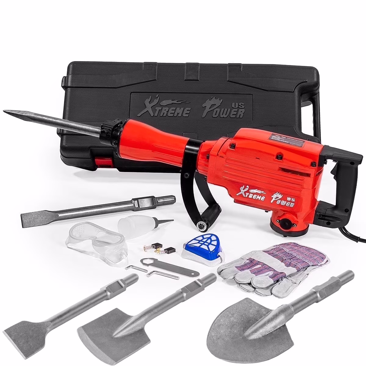XtremepowerUS Demolition Jack Hammer Heavy Duty, 3600W Electric Jackhammer 1900BPM Power Drill Concrete Breaker Bar Point & Chisel Bits Chisel Set
