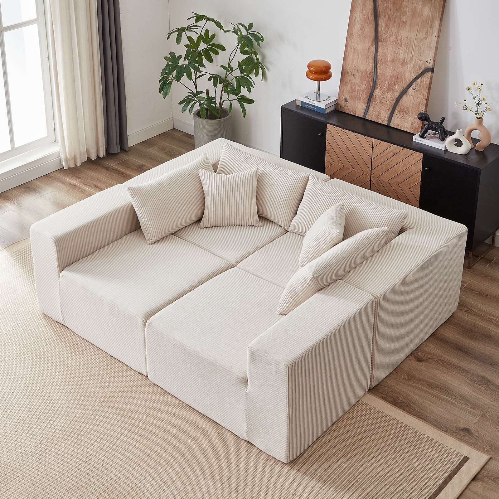 104-Inch Corduroy Modular L Shaped Sectional Sofa,Luxury Floor Couch Set,Upholstered Indoor Furniture,Foam-Filled Compressed Sofa for Living Room,Bedroom,4 PC Free Combination ?(Beige + Corduroy) - Image 10