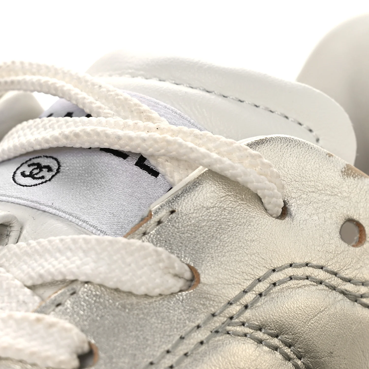 Laminated Calfskin Suede Quilted Womens CC Sneakers 39 Silver White