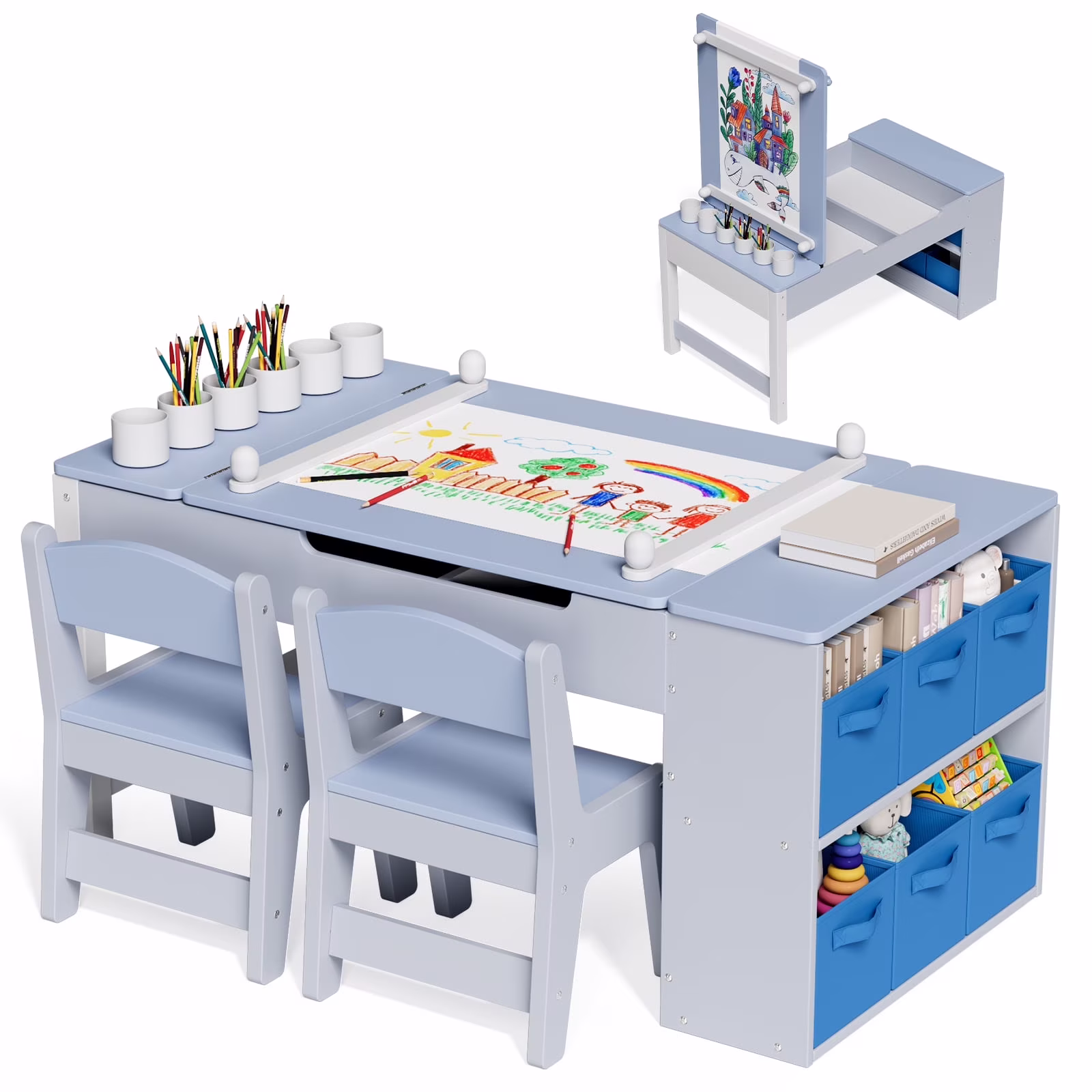 Kids Art Table and 2 Chairs Set, 2 in 1 Easel Toddler Craft Table and Chairs Set with Storage Bins, Paint Cups and Paper Roll, Activity Table Set for Children 3+(Blue)