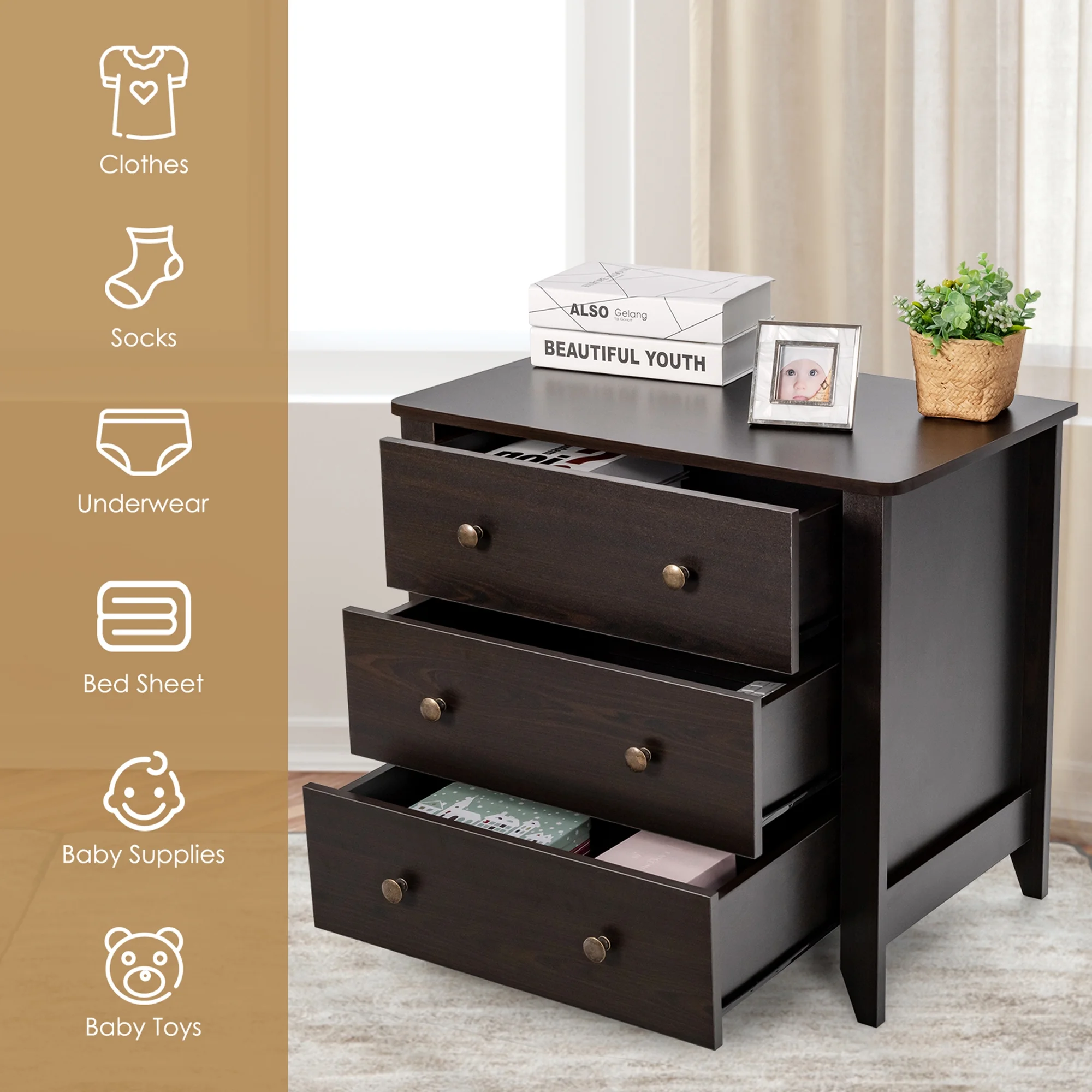 3 Drawer Dresser Chest of Drawers Bedside Table for Living Room Bedroom Espresso(Espresso) - Image 7