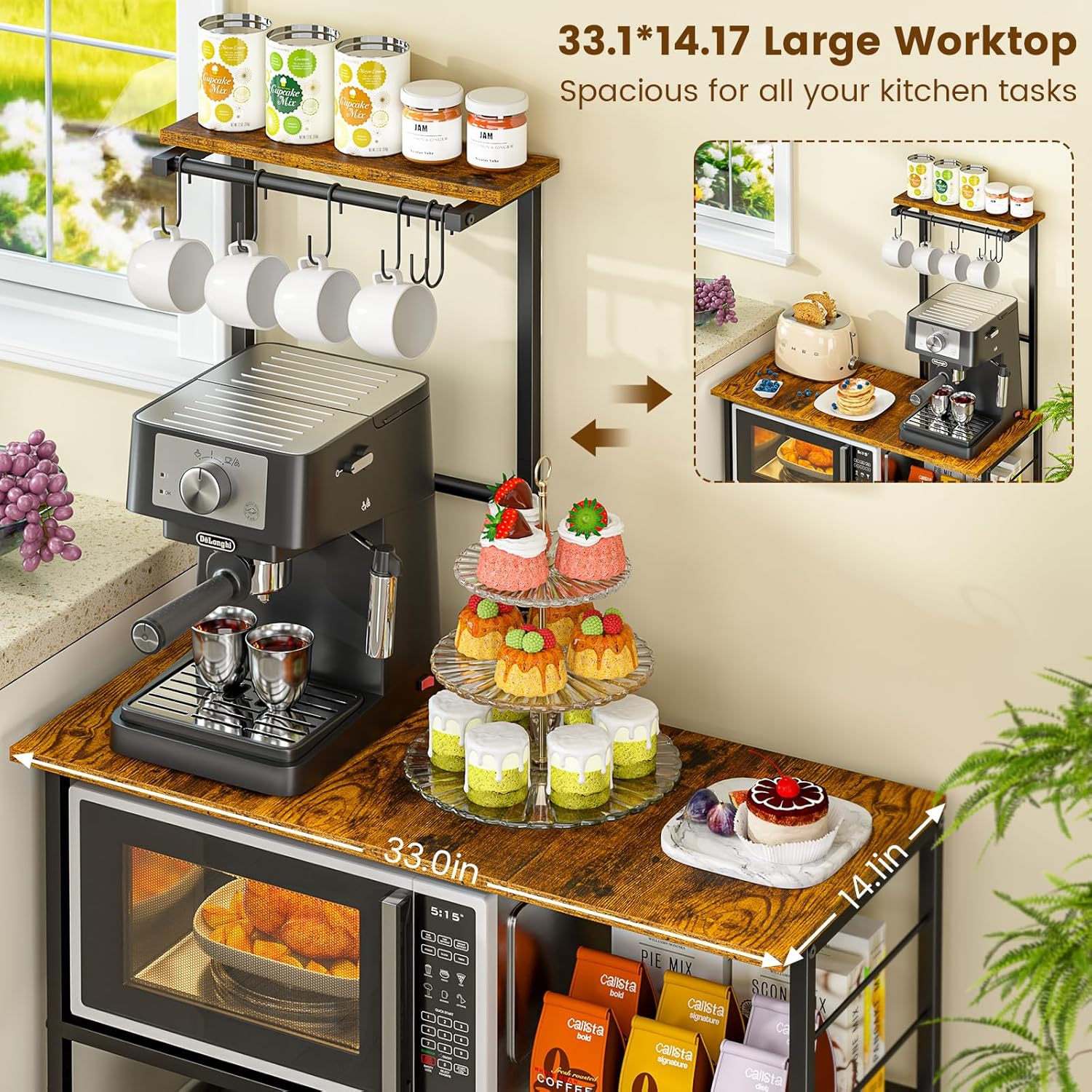 3IngSeagulls Bakers Rack with Storage, Kitchen Microwave Stand with Adjustable Shelf and 6 S Hooks, 4-Tier Coffee Station Table, Kitchen Shelves for Spices, Pots, Rustic Brown