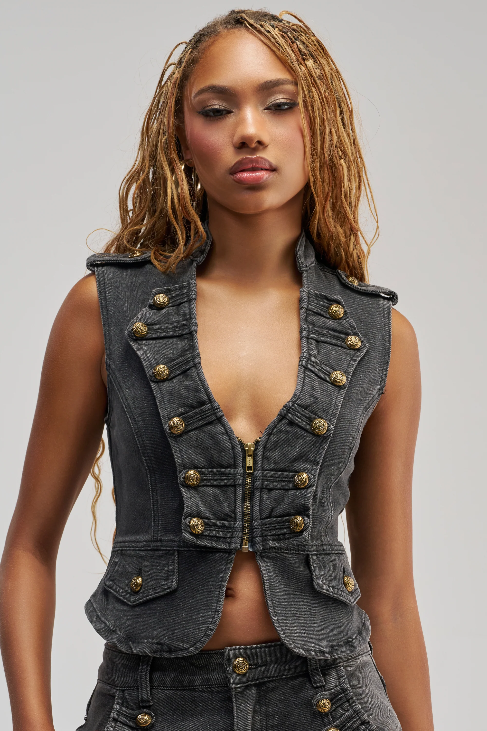 AHEAD OF THE CURVE MILITARY DENIM TOP - Akira Store