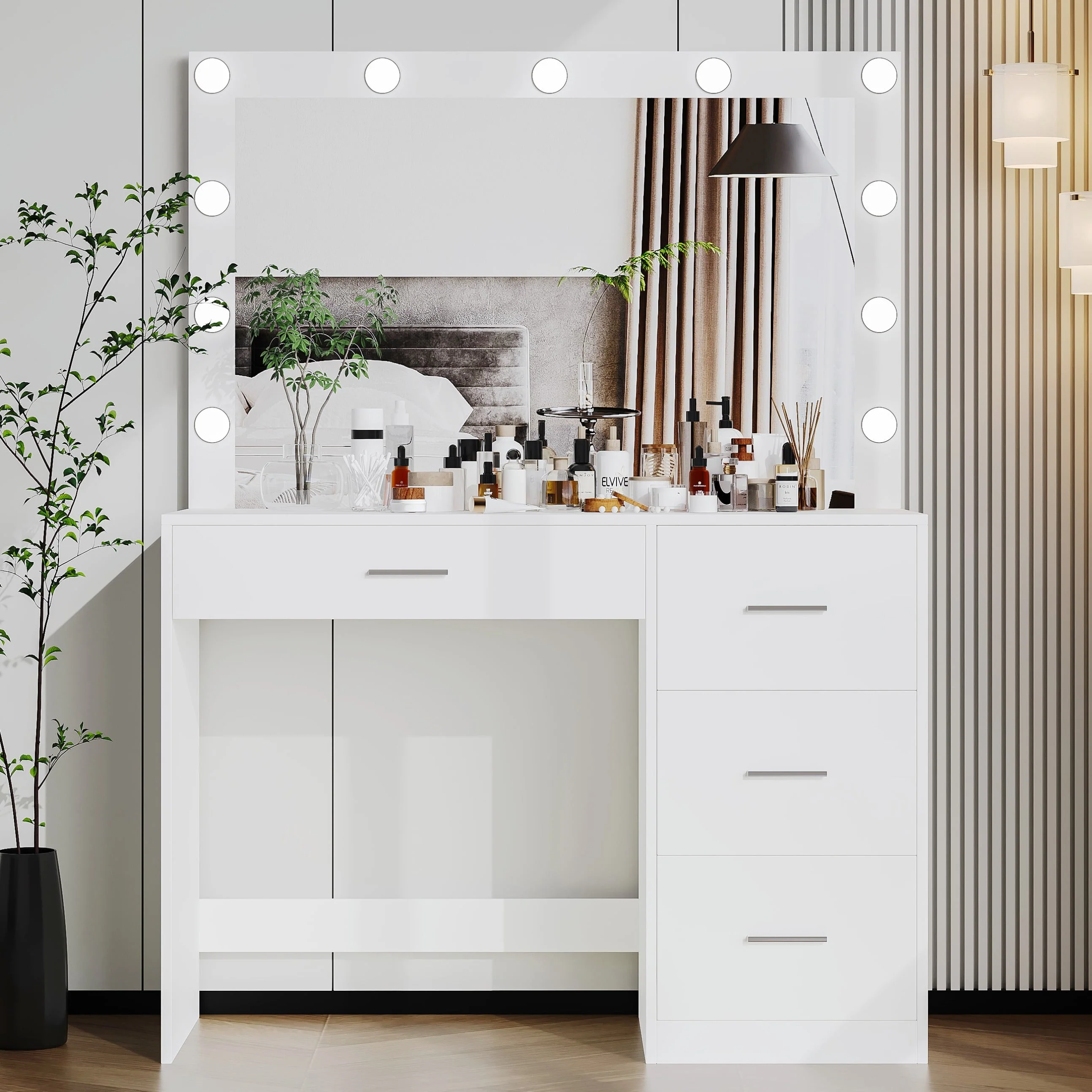 Modern Makeup Vanity Table with Lights, Vanity Desk with Mirror, 4 Drawers, Dressing Table, White(Black) Image 2