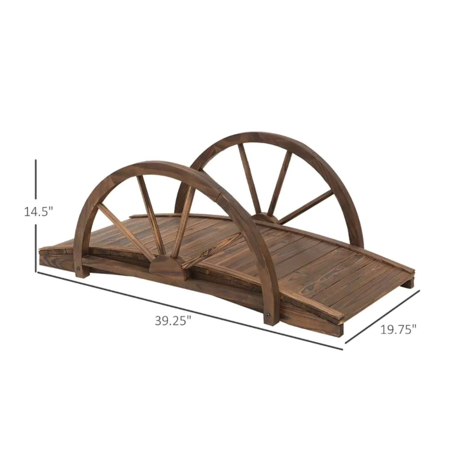 3.3ft Wooden Garden Bridge Arc Footbridge with Half-Wheel Style Railings & Solid Fir Construction, Stained Wood