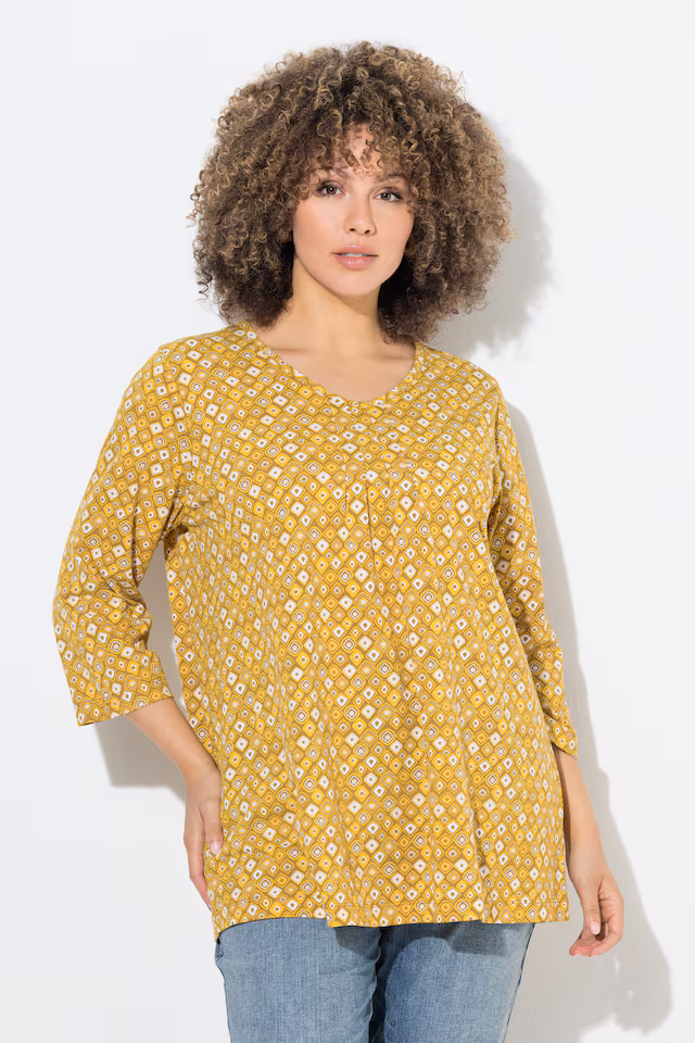 Graphic Print Pleated 3/4 Sleeve Tee