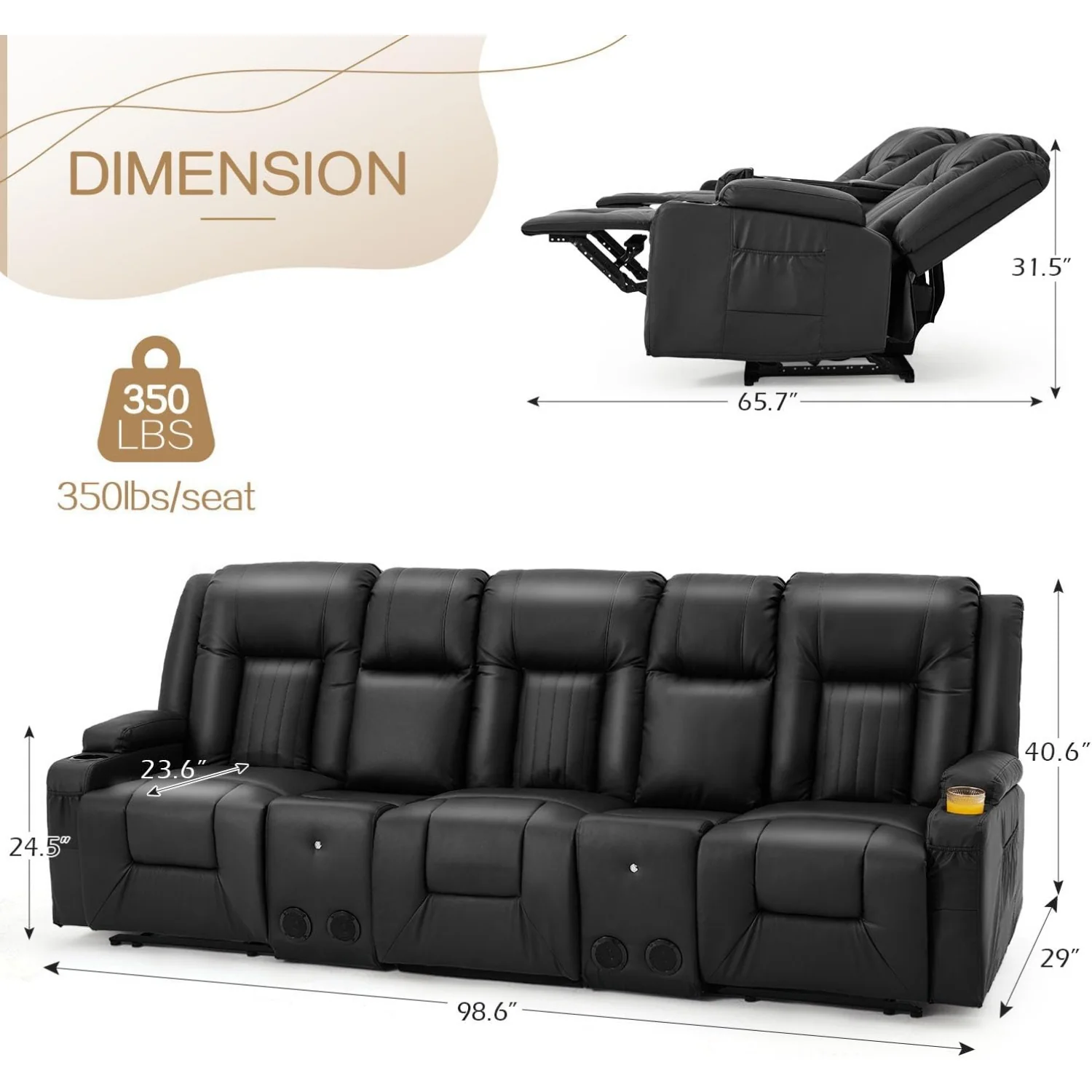 AECOJOY 3 Seater Recliner Sofa with 2 Console&Bluetooth Speakers, Black