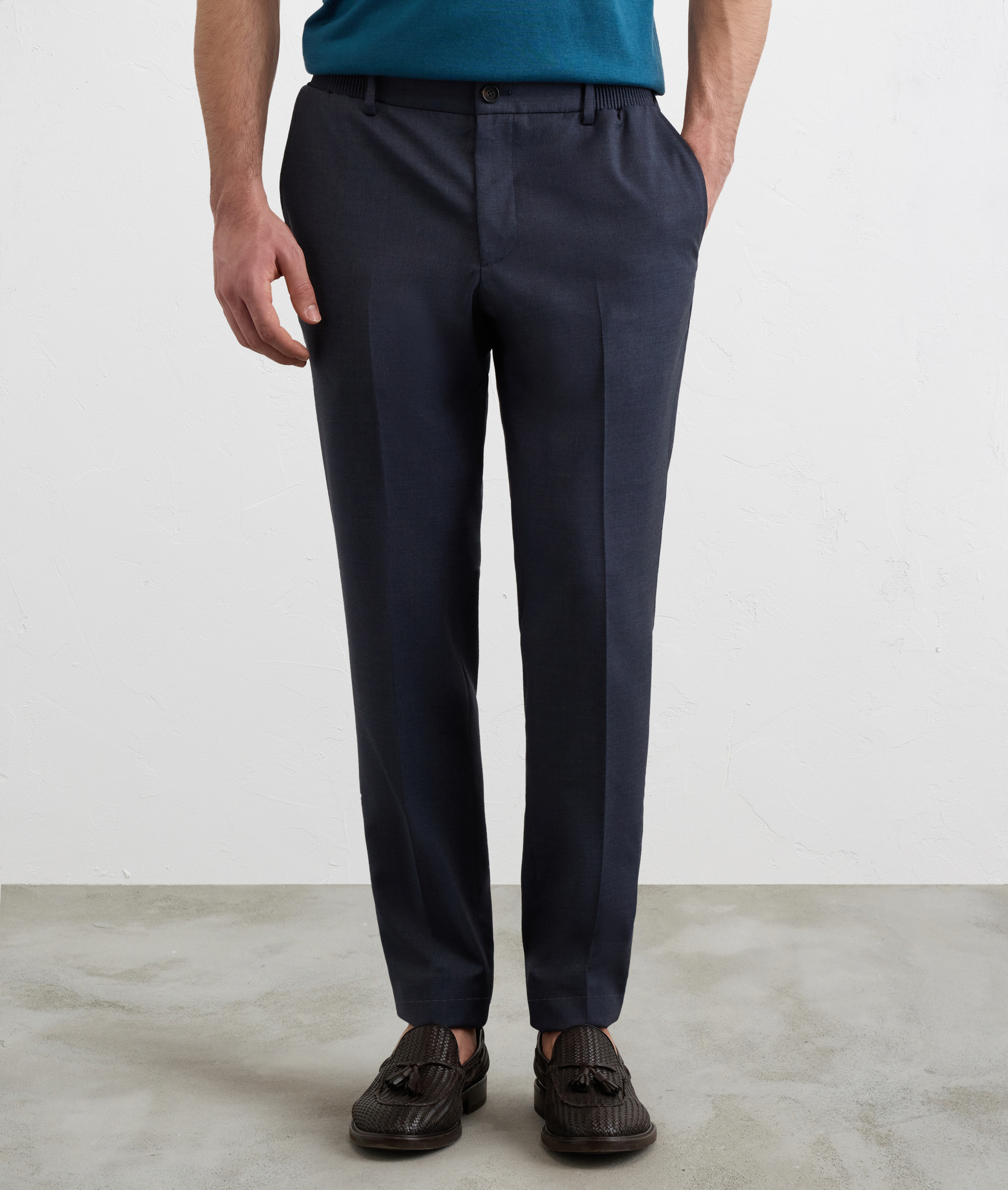 PURE NAVY BLUE WOOL PLEATED TROUSERS