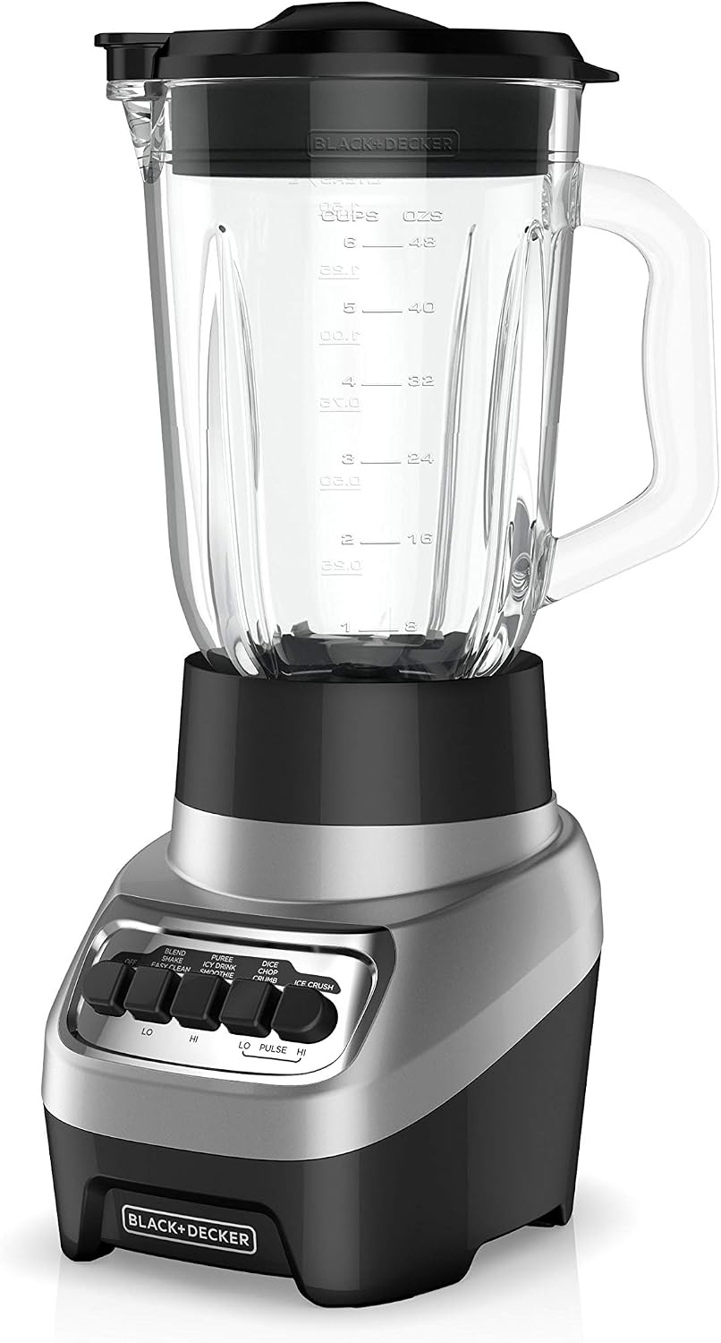 BLACK+DECKER PowerCrush Multi-Function Blender dengan Wadah Kaca 6-Cup, 4 Pengaturan Kecepatan, Perak