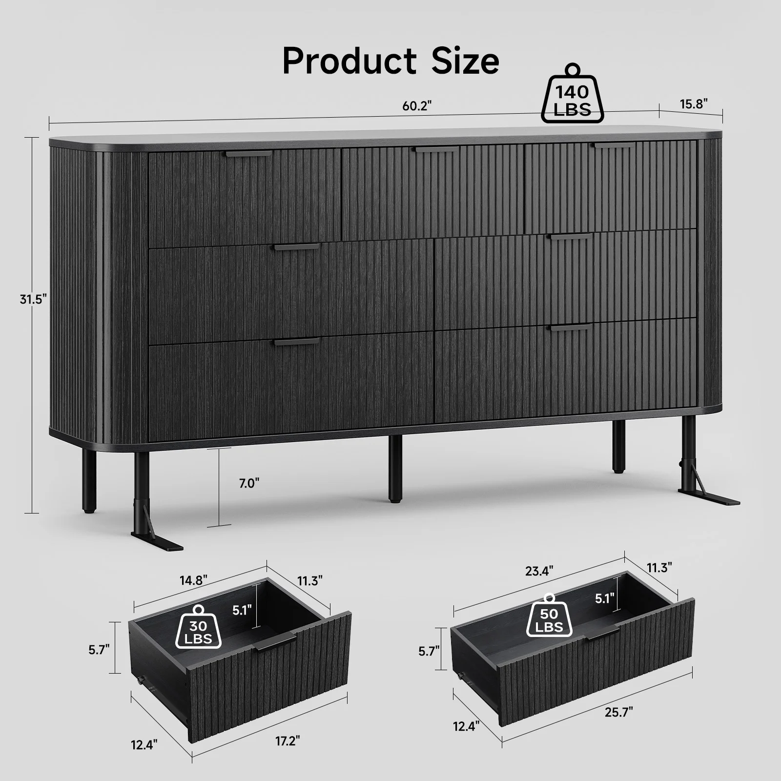 7-Drawer Fluted Dresser for Bedroom, 60 Inch Wide Modern Wood Chest with Metal Handles, Curved Profile Design Also Ideal as TV Stand for Living Room, Hallway, Black(Black) - Image 8