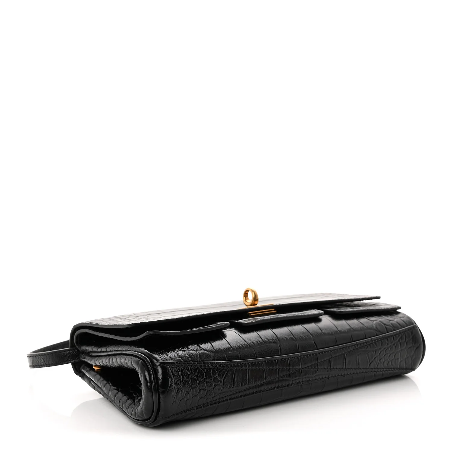 Crocodile Embossed Small Bel Air Clutch On Strap Black
