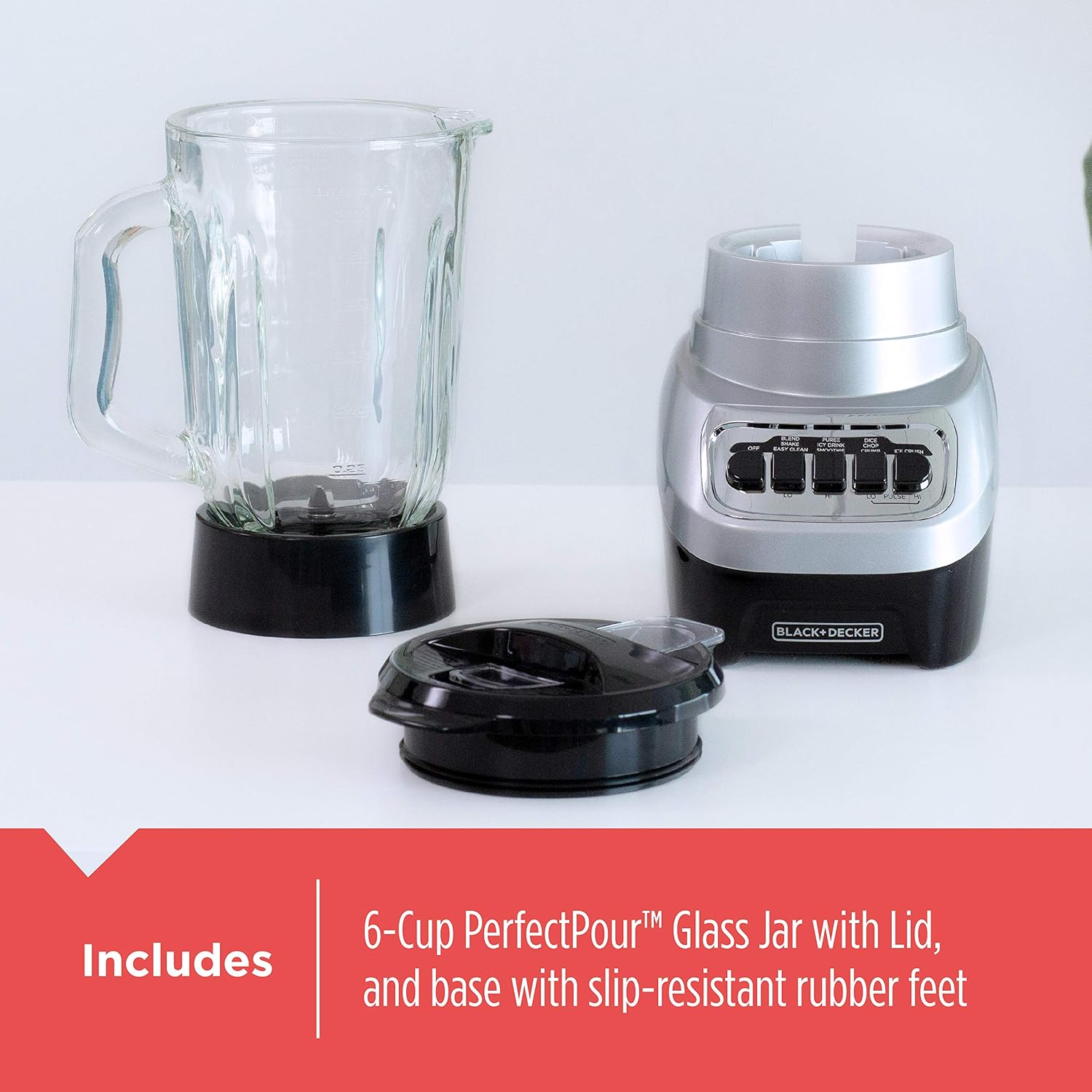 BLACK+DECKER PowerCrush Multi-Function Blender dengan Wadah Kaca 6-Cup, 4 Pengaturan Kecepatan, Perak