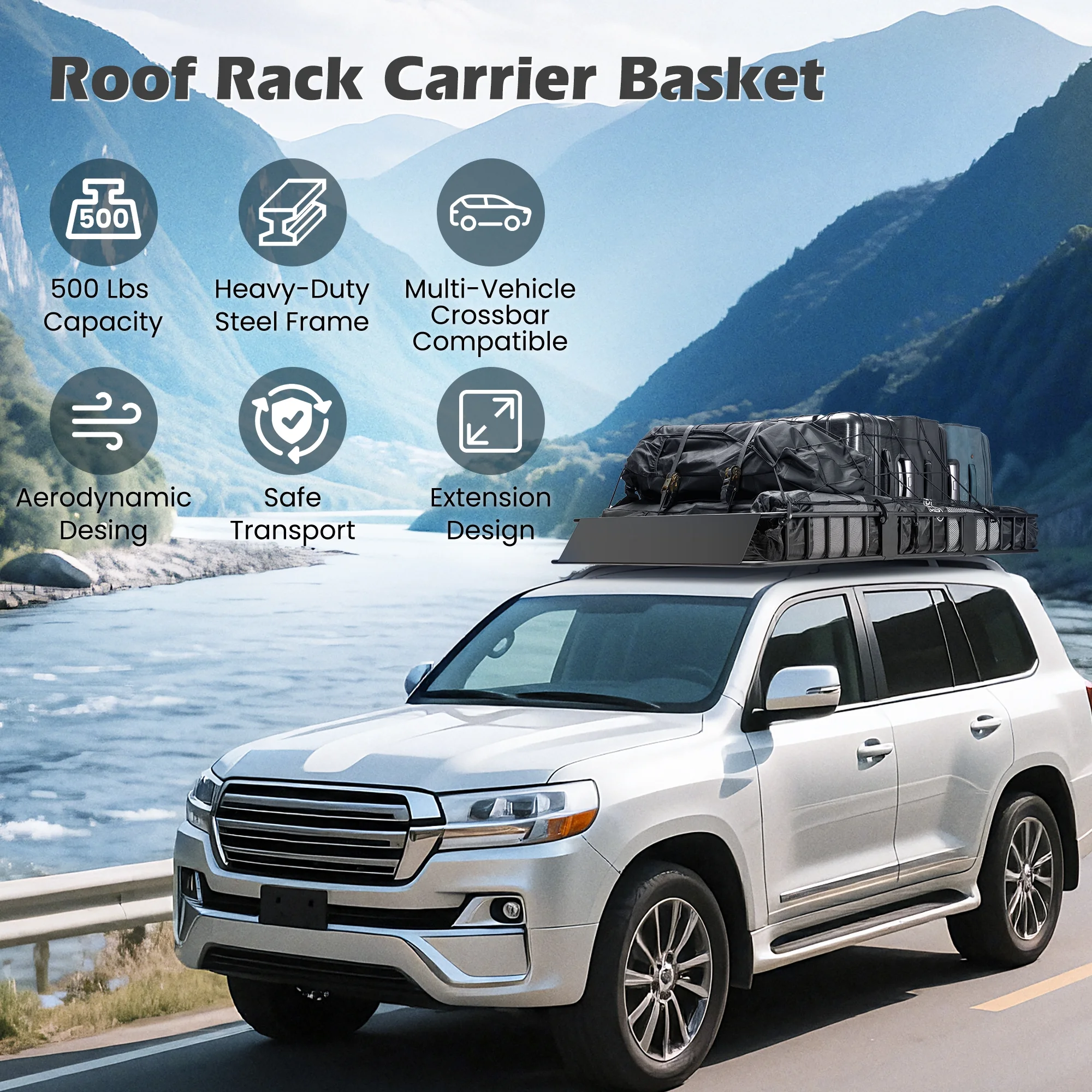 Roof Rack Cargo Basket,500 lb,64"x39"x6"Extendable Roof Luggage Holder Rack with 4 U-Bolts for SUV/RV,Camping - Image 9