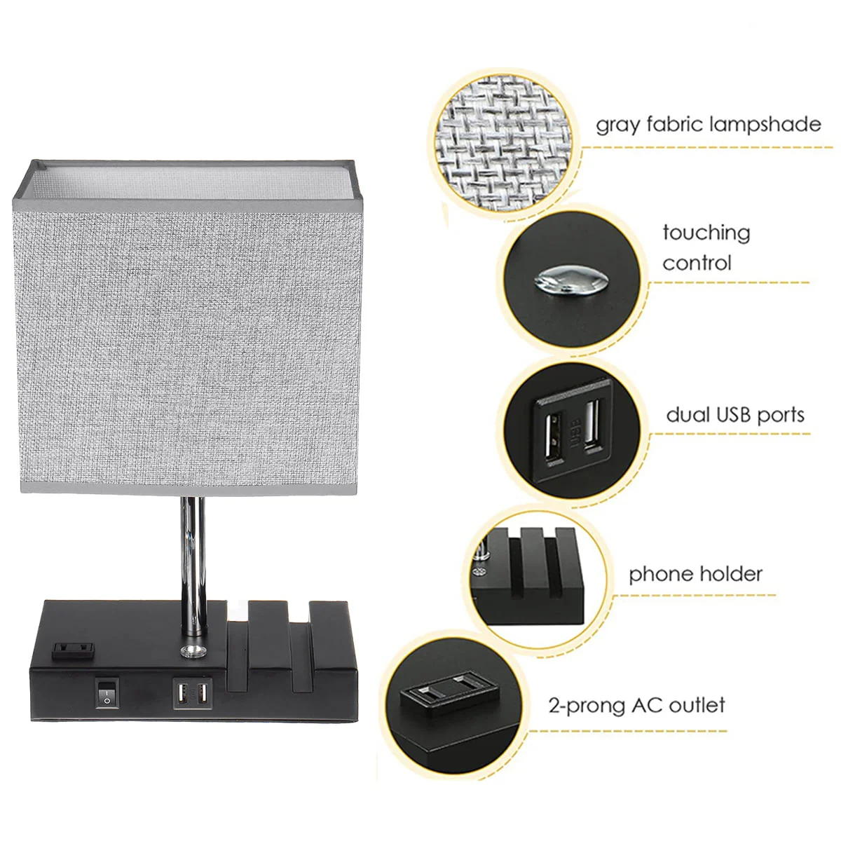 Touch Control Table Lamp with 2 USB Charging Ports, 1 AC Outlets and 2 Phone Stands, Modern USB Desk Lamp with Black Wooden Base and Grey Shade Suitable for Bedroom, Living Room Image 10